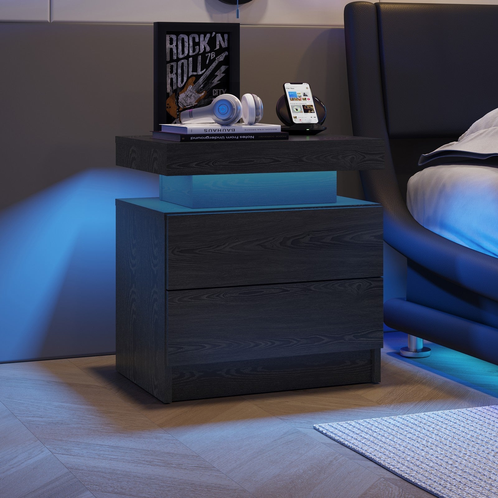 Nightstand LED Bedside Table Cabinet Lights Modern End Side with 2 Drawers for Bedroom (Black Woodgrain)