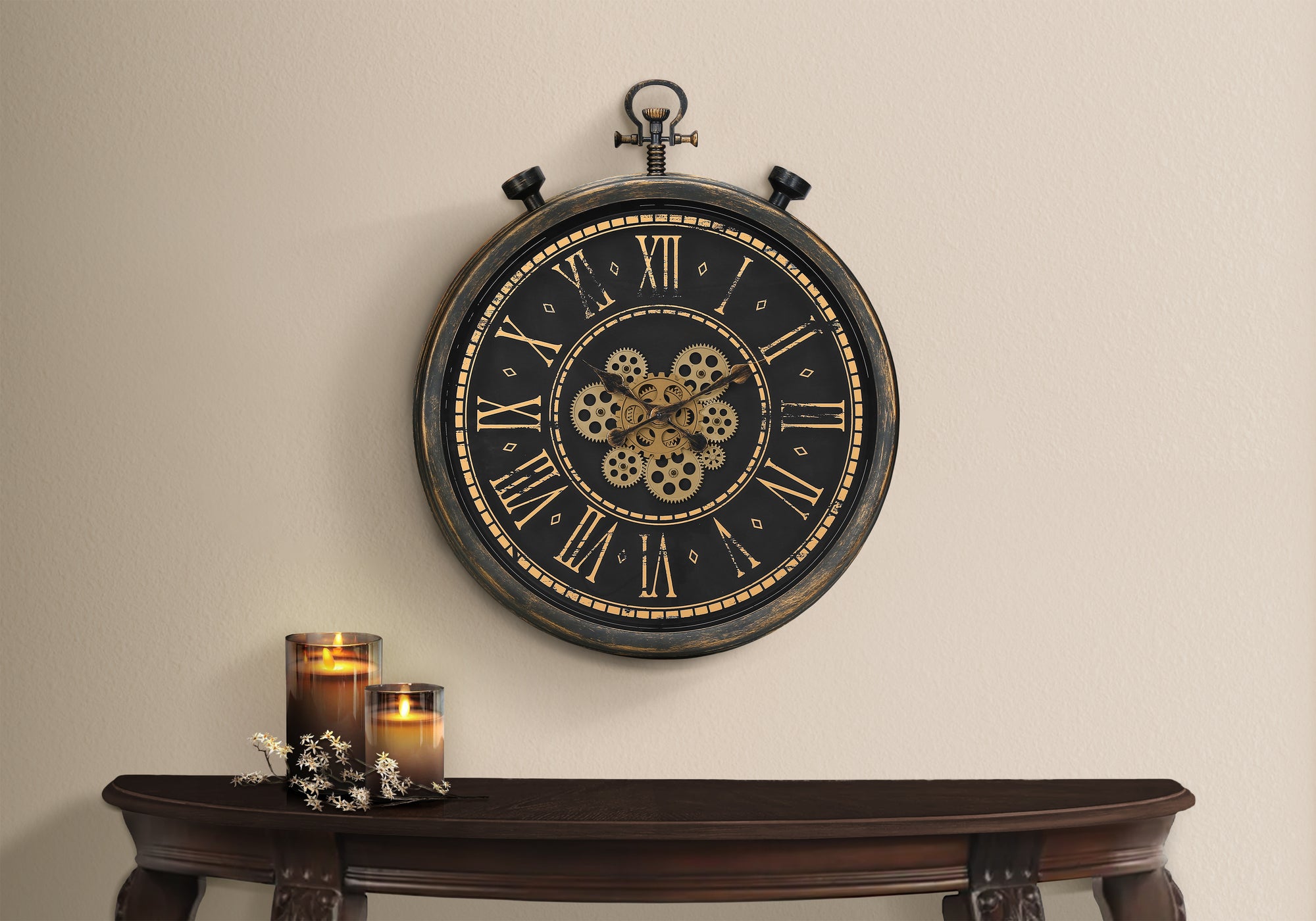 Clocks, 24' Round, Gear Mechanism, Wall Clock, Brown, Transitional
