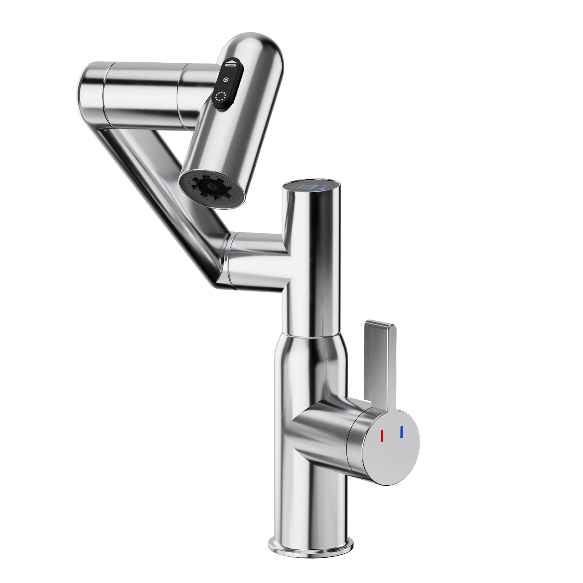 Chrome Bathroom Sink Faucet with Spray Function and Temperature Display, Anti-Skid Switch, 360° Rotary, Brass Material