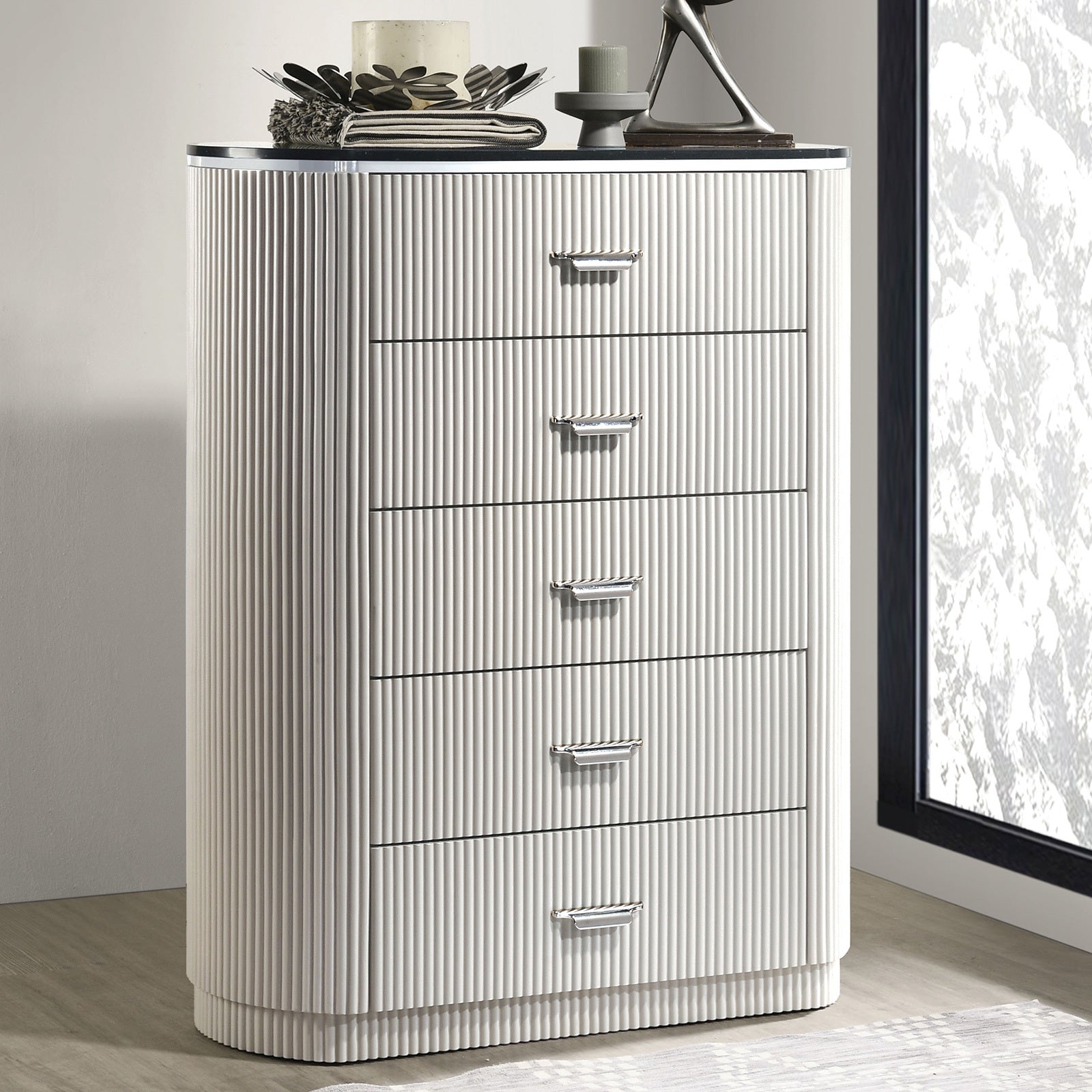 Modern Contemporary Style 1pc Chest Unique Look Chrome Handles Cultured Stone On Top 5-English Dovetail Drawers Vertical Receded Silver Line Light Gray Finish Bedroom Furniture