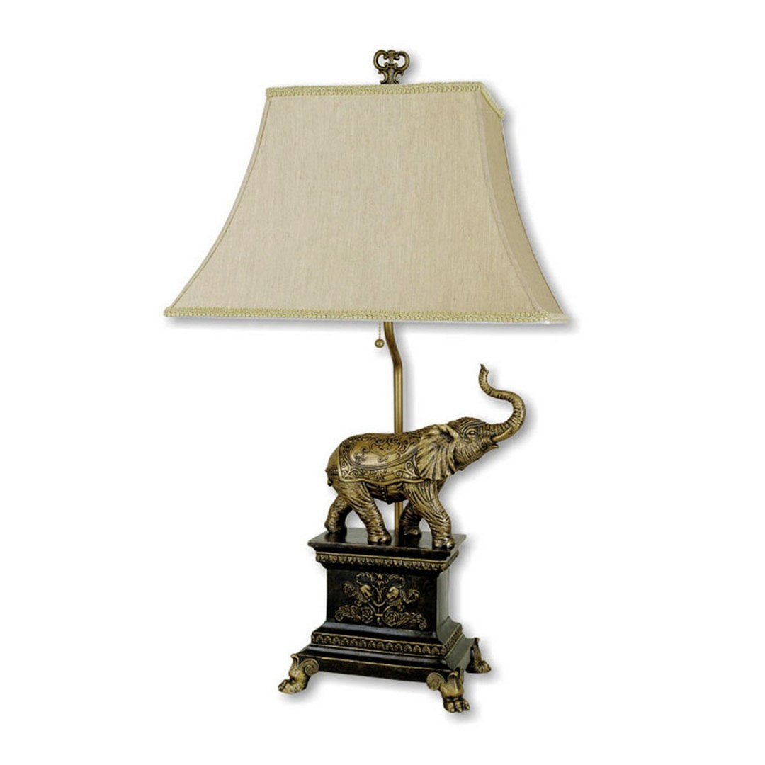29' Tall Polyresin Elephant Table Lamp w/ Antique Gold finish, White Shade