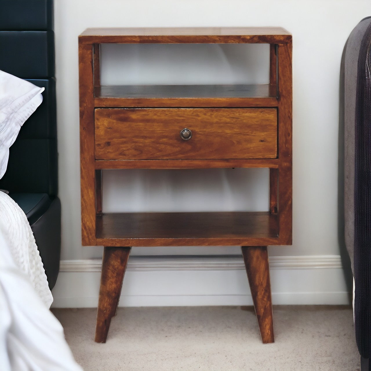 Solid Wood Dante Chestnut Nightstand, 1-Drawer, 2 Open Slots, Nordic Legs, Brown