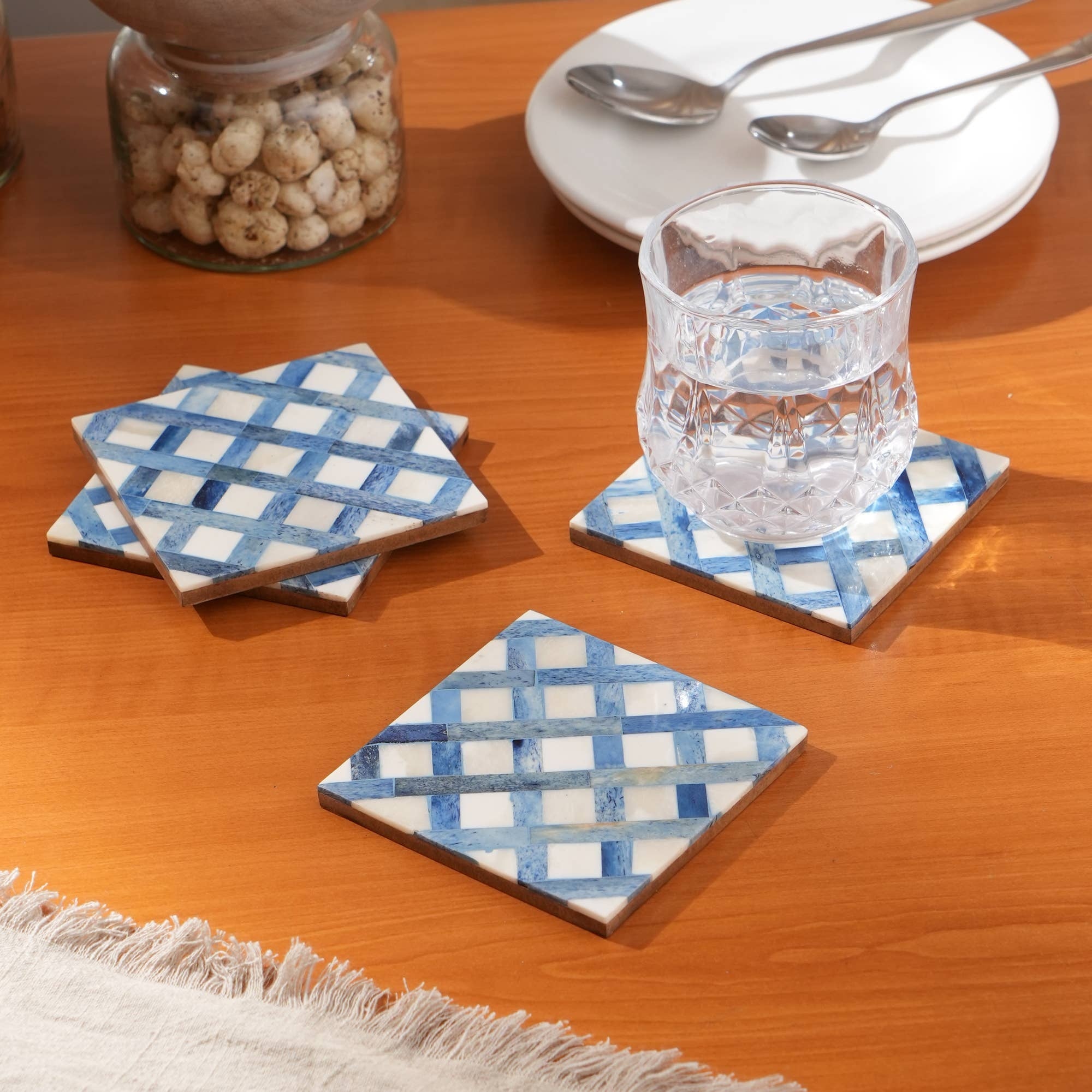 White/Blue Dyed Bone Inlaid Square Coaster Set-4x4'