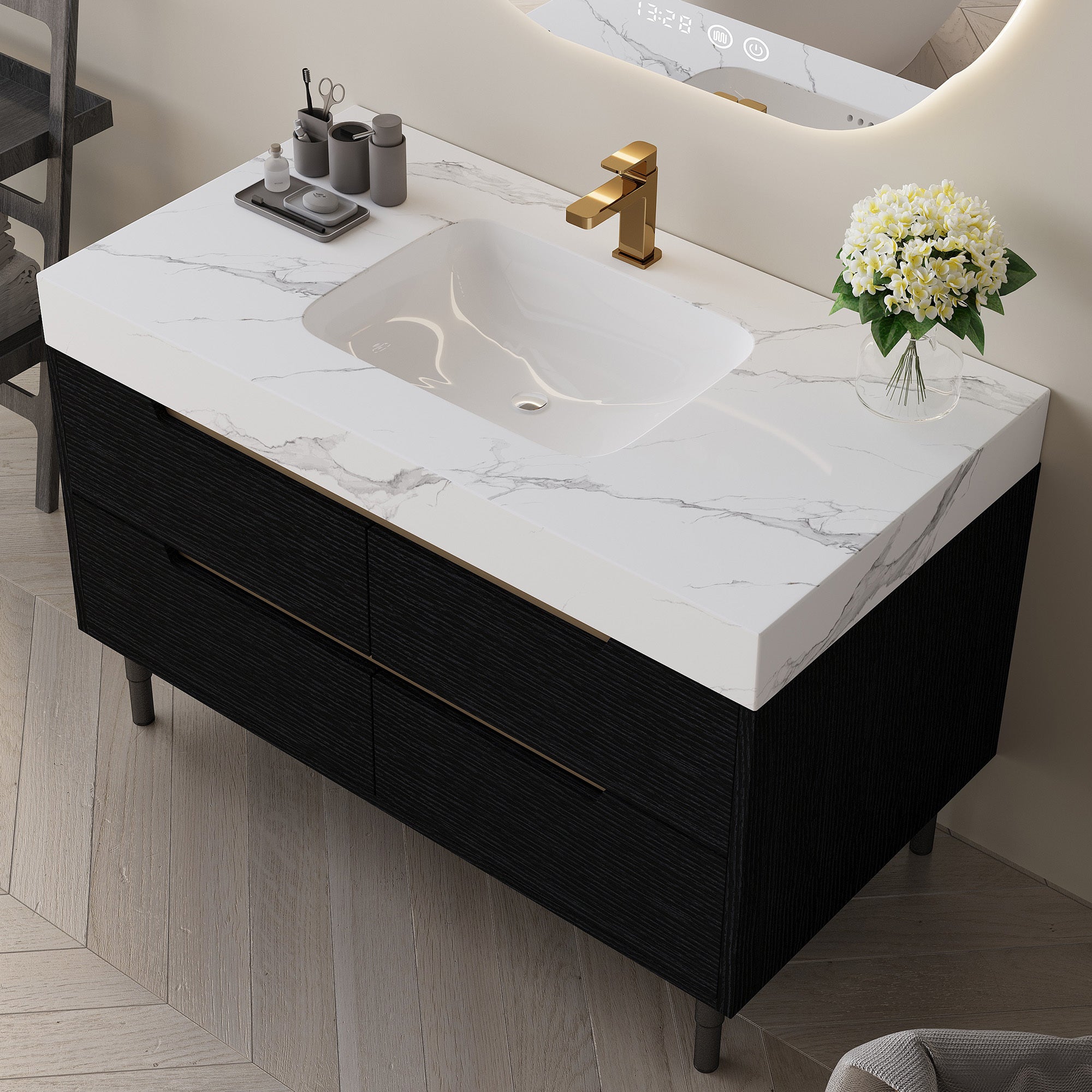 35.4' Modern Bathroom Vanity with Undermount Sink, Sintered Stone Top, Waterproof Multi-layer Solid Wood, 4 Drawers Storage, Free-standing/Wall-Mounted