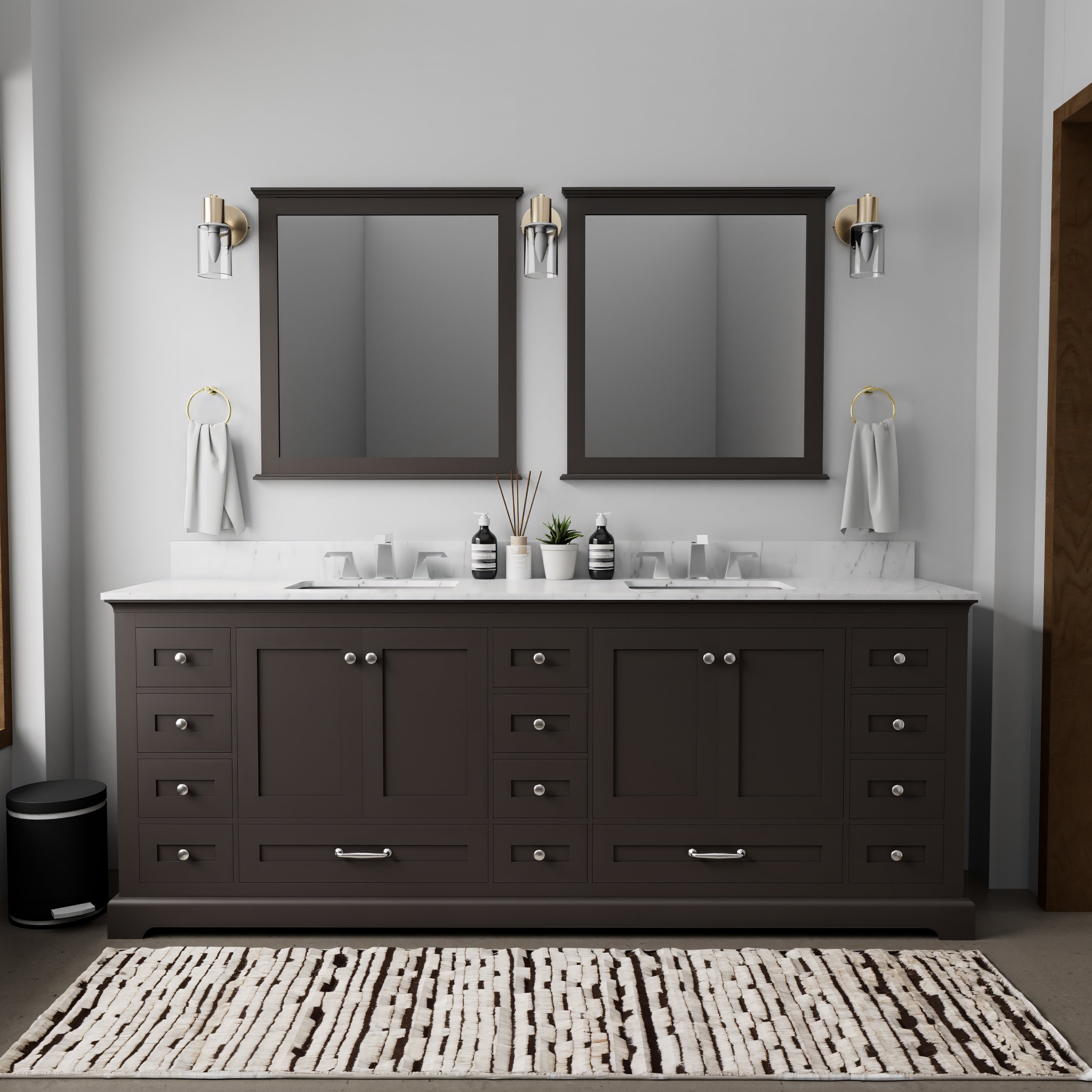 Espresso Double Bath Vanity 84 in. W x 22 in. D, Carrara Marble Top, and Faucet Set