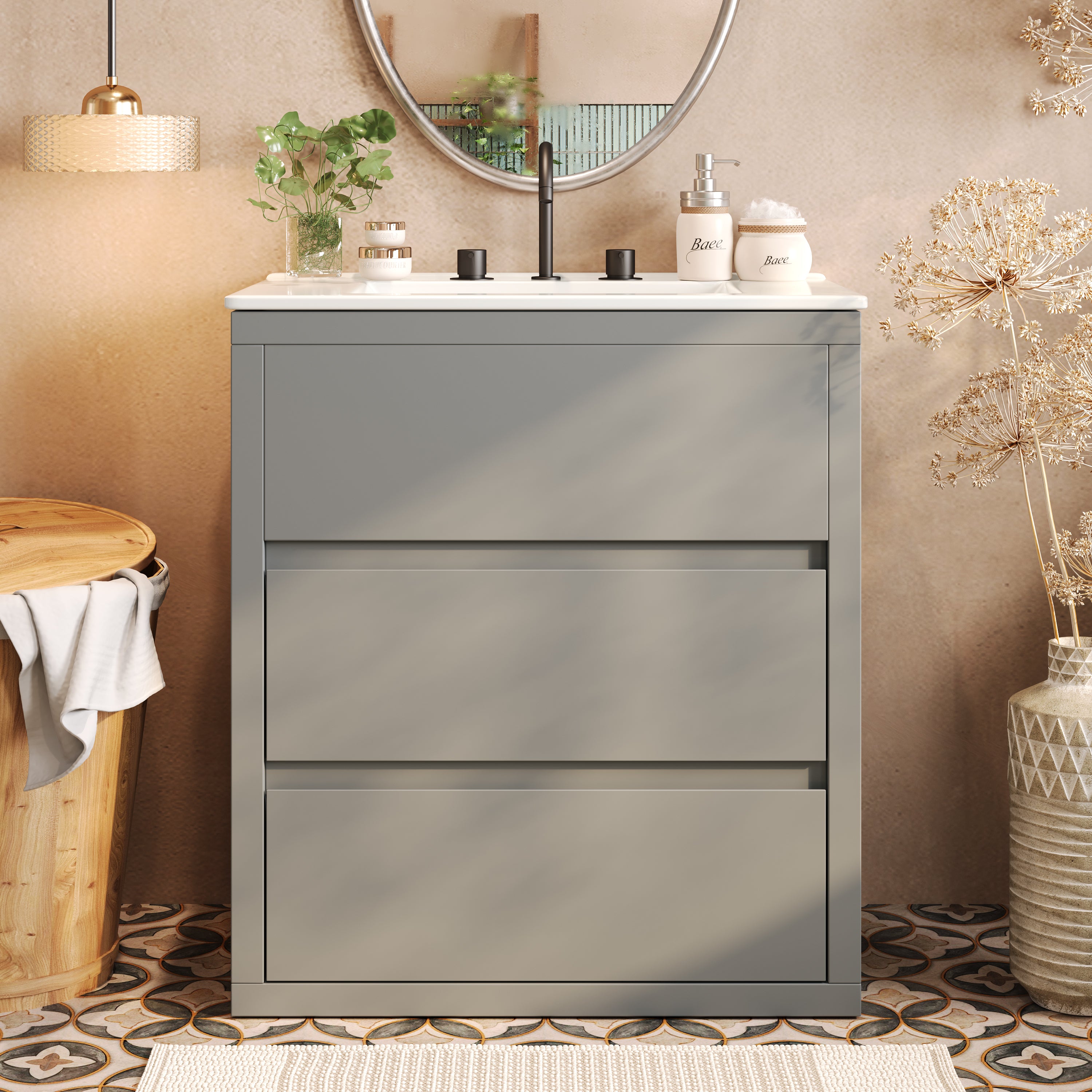 30' Bathroom Vanity with Ceramic Sink and 2 Full-Extension Drawers, Freestanding Bathroom Vanity with 45° Free-Handle Design, Soft Close Undermount Drawer Slides, Gray