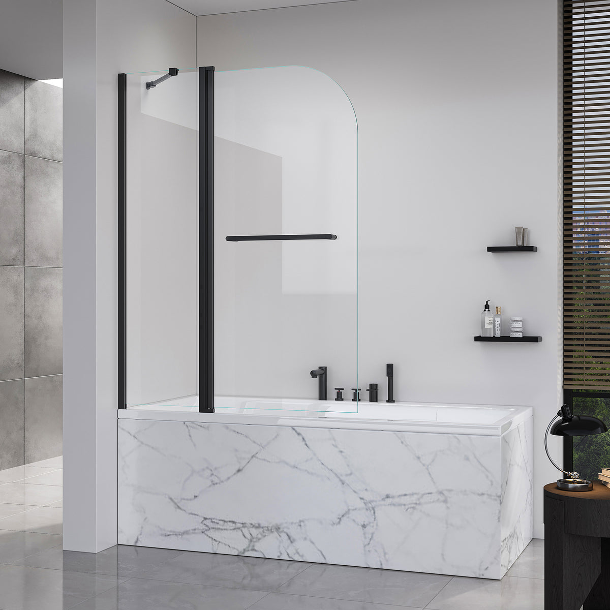 Frameless Double- Folding Shower Doors for Bathtub, 1/4' (6mm) Thick SGCC Tempered Glass Door, Bathroom Pivot Tub Glass Door 43 Inch. L * 58 Inch. H---Matte Black