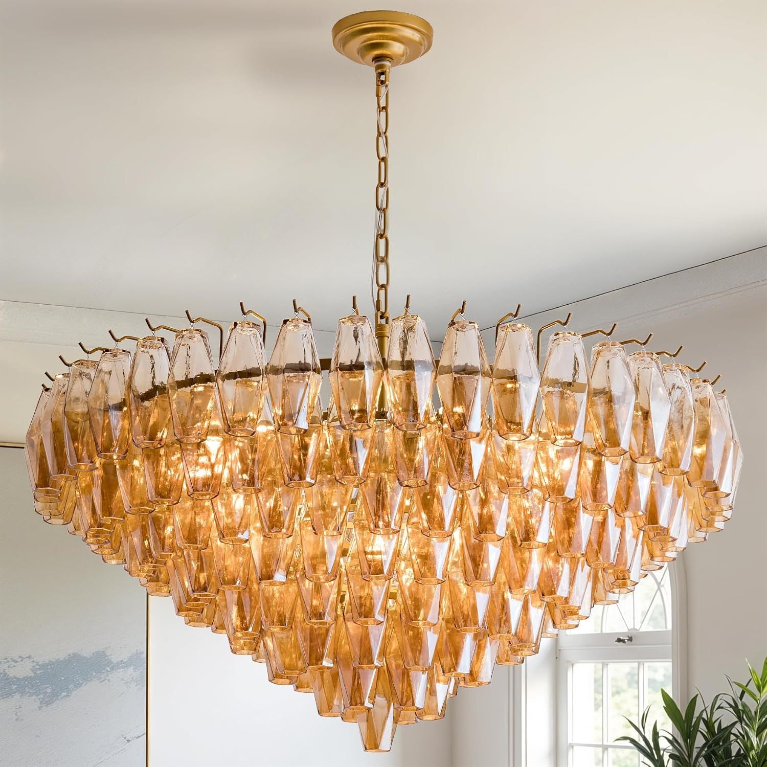 37' Extra Large Chandelier, 14-Light Gold Modern Round Chandelier for Living Room, Tiered Smoke Blown Glass Brass Chandeliers, Hanging Light Fixture for Bedroom, Dining Room, Foyer, Entryway