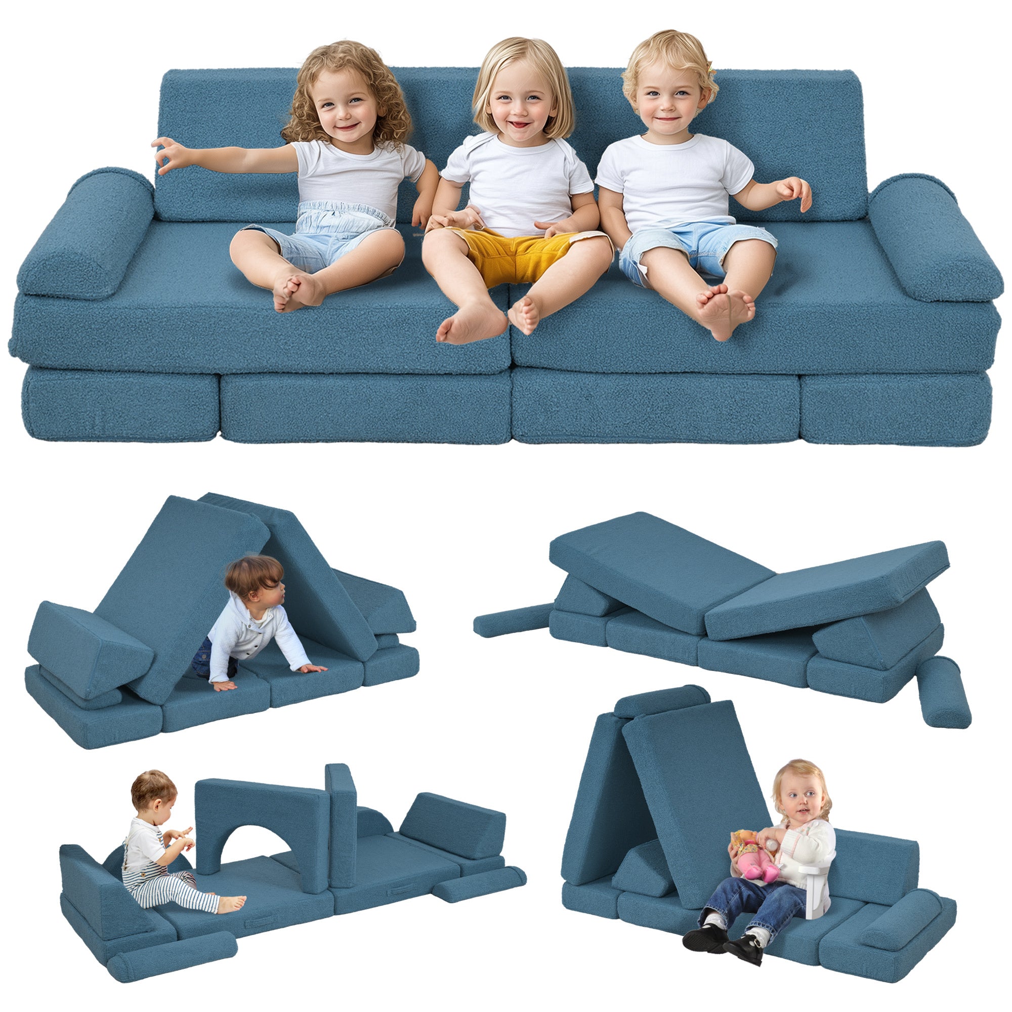 Qaba 12 Pcs Kids Modular Couch, Toddlers Couch Child Sectional Sofa, Playroom Bedroom Furniture for Boys and Girls, Blue