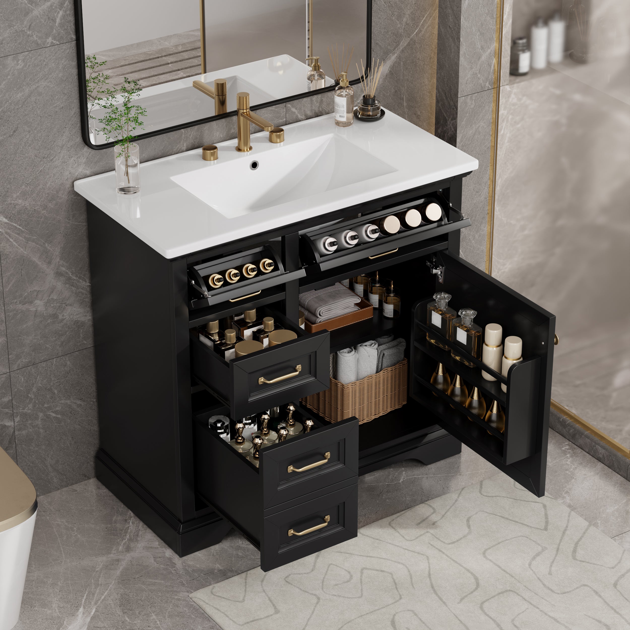 36-Inch Bathroom Vanity with Ceramic Sink Top, 4 Drawers and 1 Soft-Close Door, Freestanding Storage Cabinet with Metal Handles, Pre-Drilled for 8-Inch Faucet, Black Finish