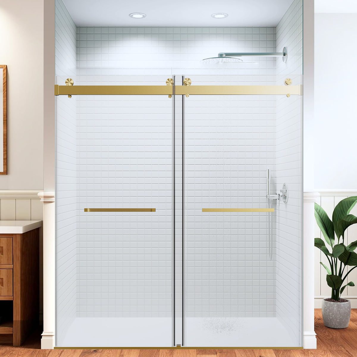 Frameless Double Sliding Shower Door 68'-72' W x 76' H ,  Shower Glass Door with 5/16' (8mm) Clear SGCC Tempered Glass, Explosion-Proof Film, Stainless Steel Hardware--Brushed Gold
