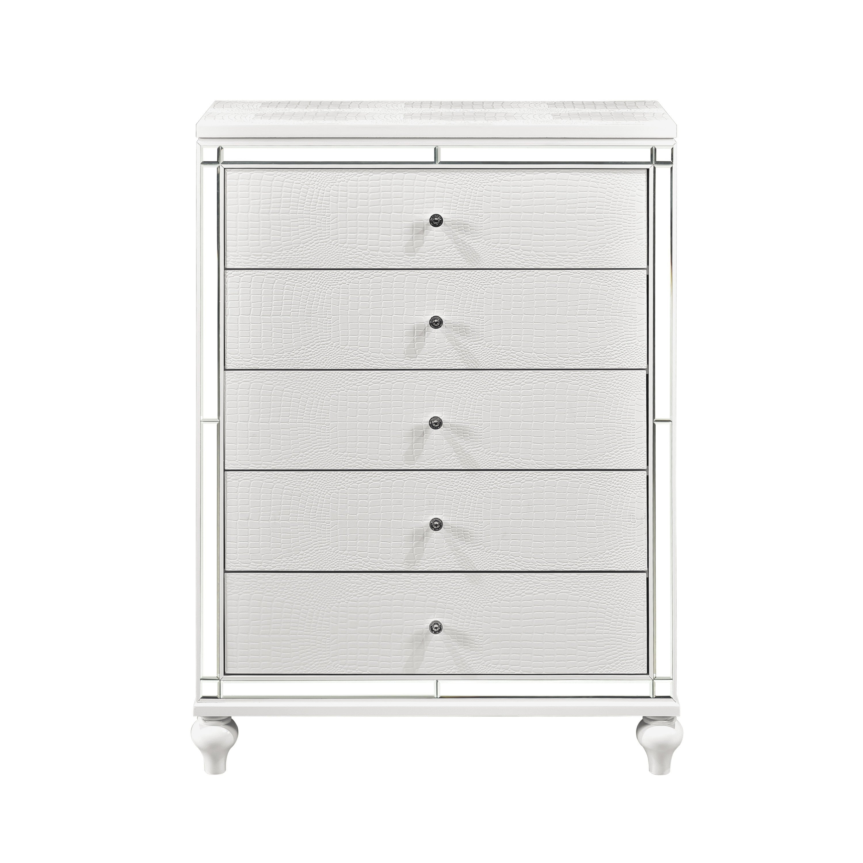 Modern Glamorous Bedroom Chest of 5x Drawers 1pc Metallic White Finish Alligator Textured Fronts Mirror Trim Wooden Furniture