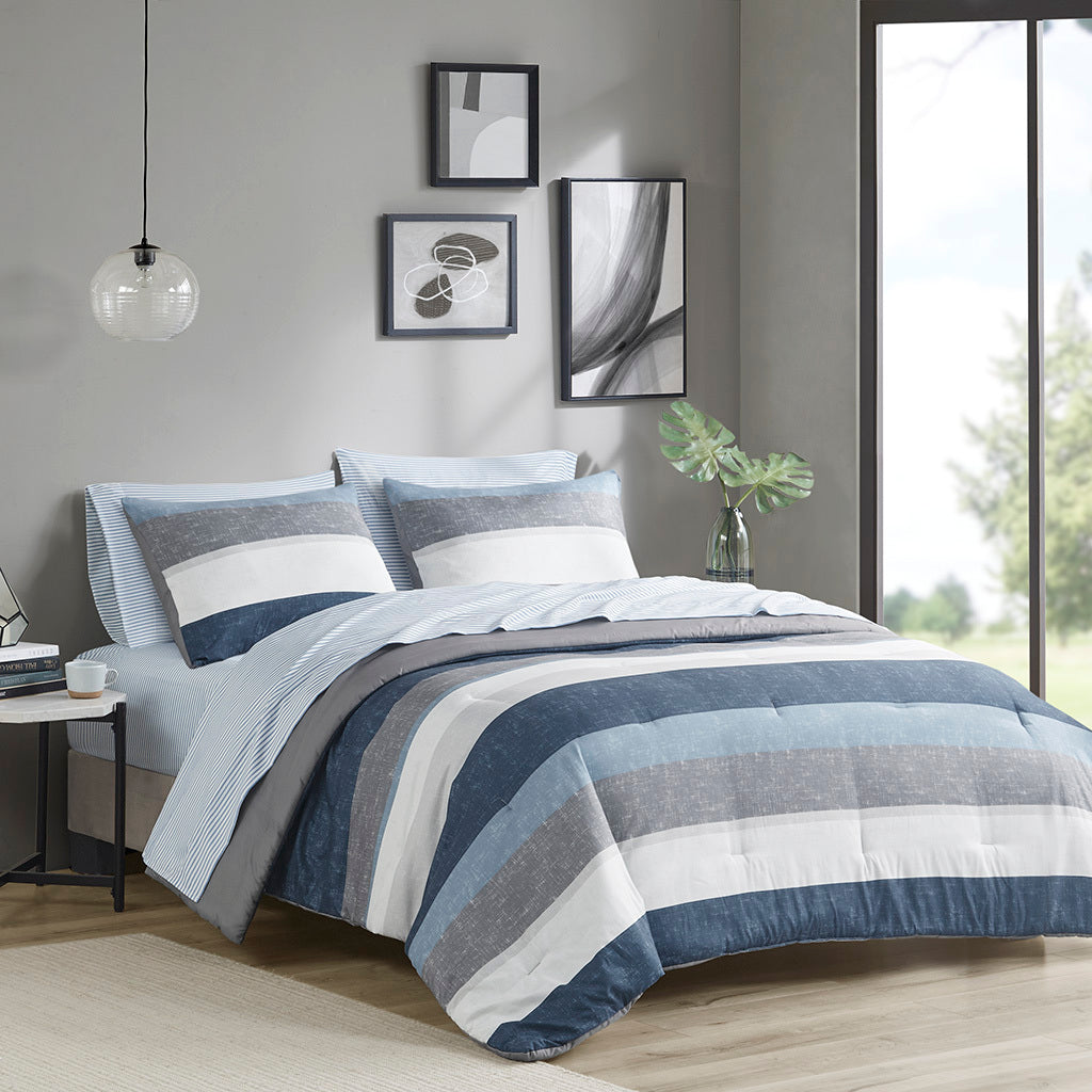 Stripe Comforter Set with Bed Sheets Blue/Grey Queen