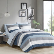 Stripe Comforter Set with Bed Sheets Blue/Grey Queen