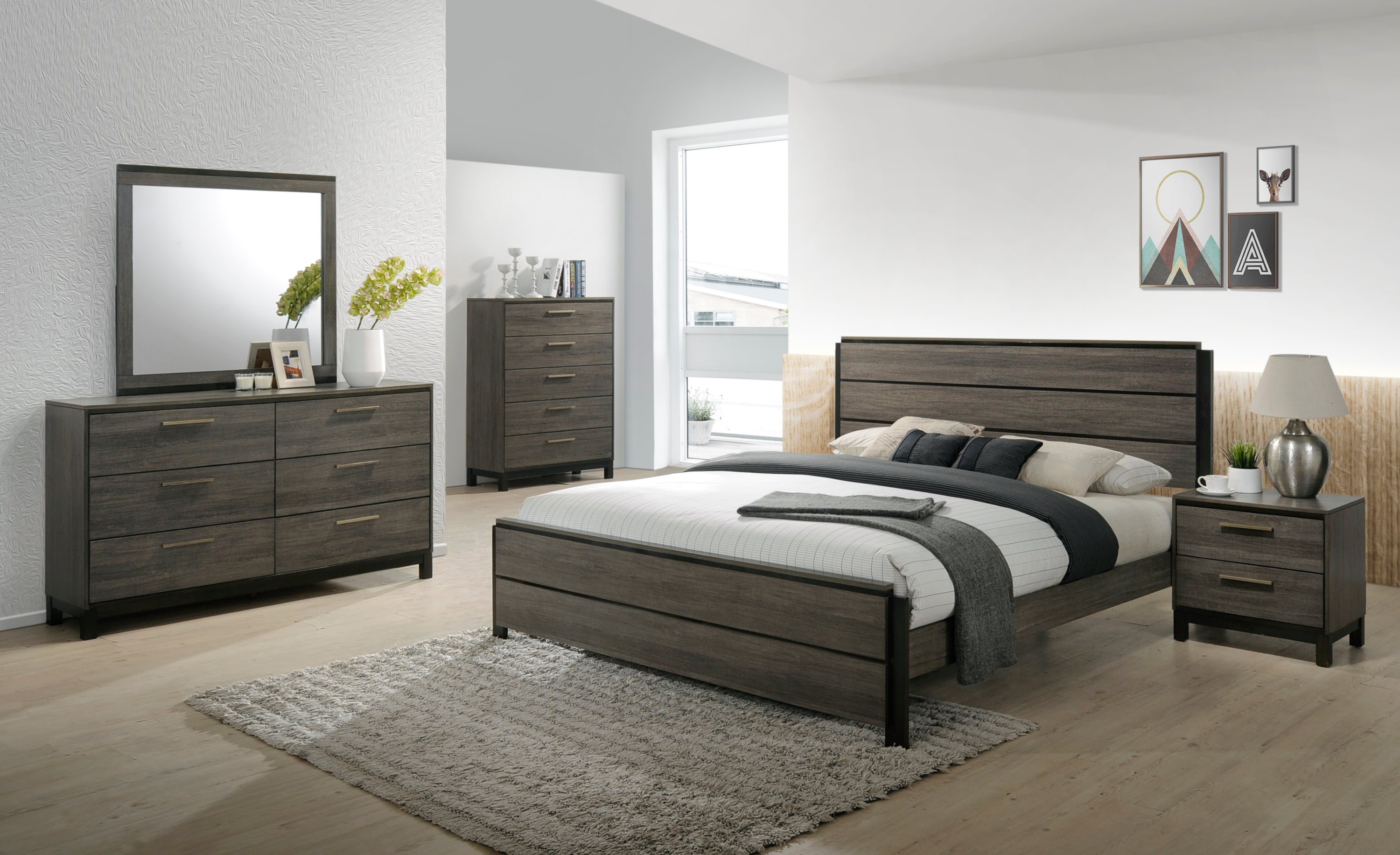 Ioana Antique Grey Finish Wood Bed Room Set, King Size Bed, Dresser, Mirror, Night Stand, Chest