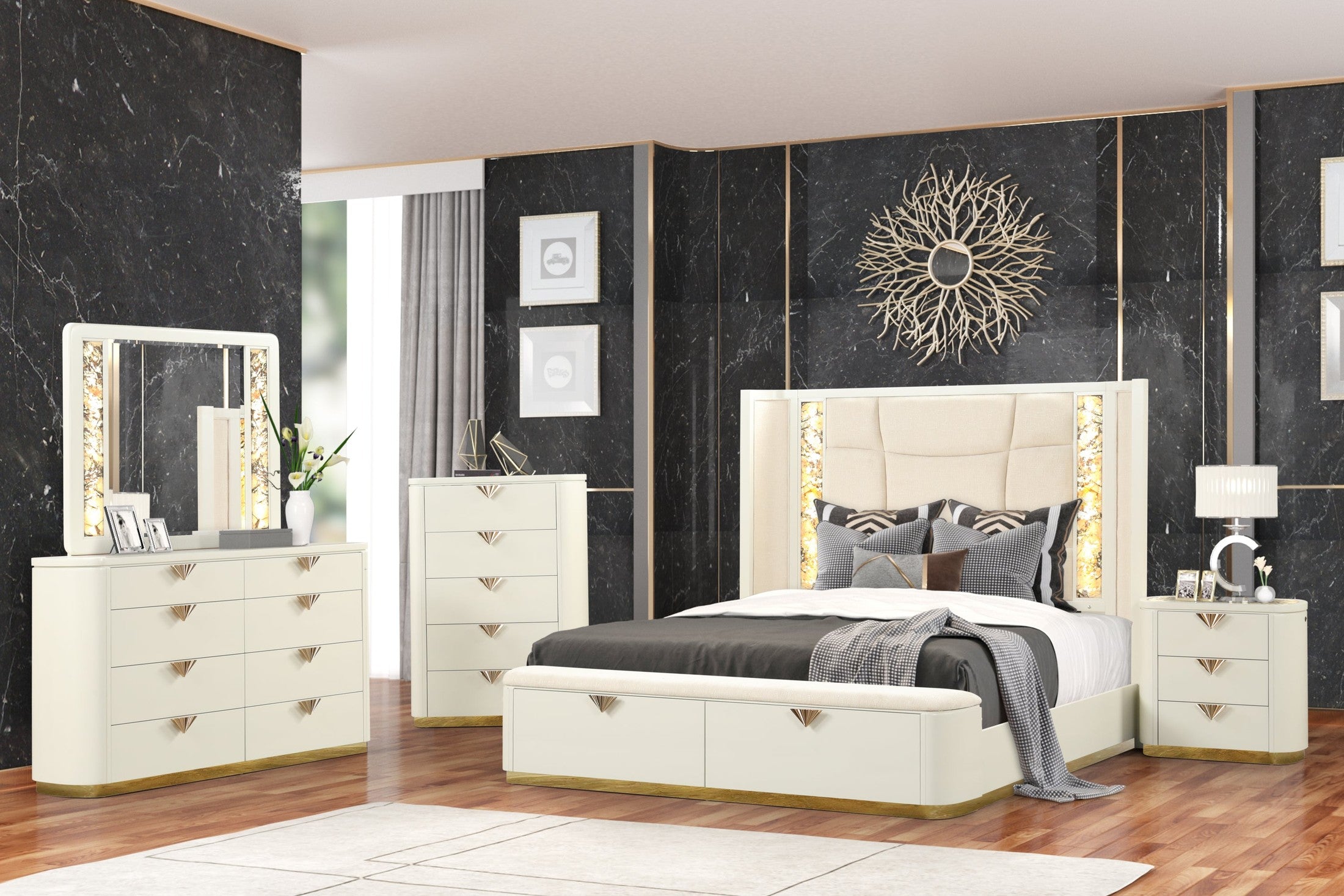 La Pierre Modern Style 5 Pc King Upholstered Bedroom Set Made with Wood and Gold Accents in Beige(CA INVENTORY)