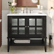 36' Bathroom Vanity with Ceramic Sink, Bathroom Vanity with Adjustable Shelf and Open Shelf, with Solid Wood Legs, Waterproof Painted Finish, Silver Metal Knobs and Soft Close Hinges Design, Black