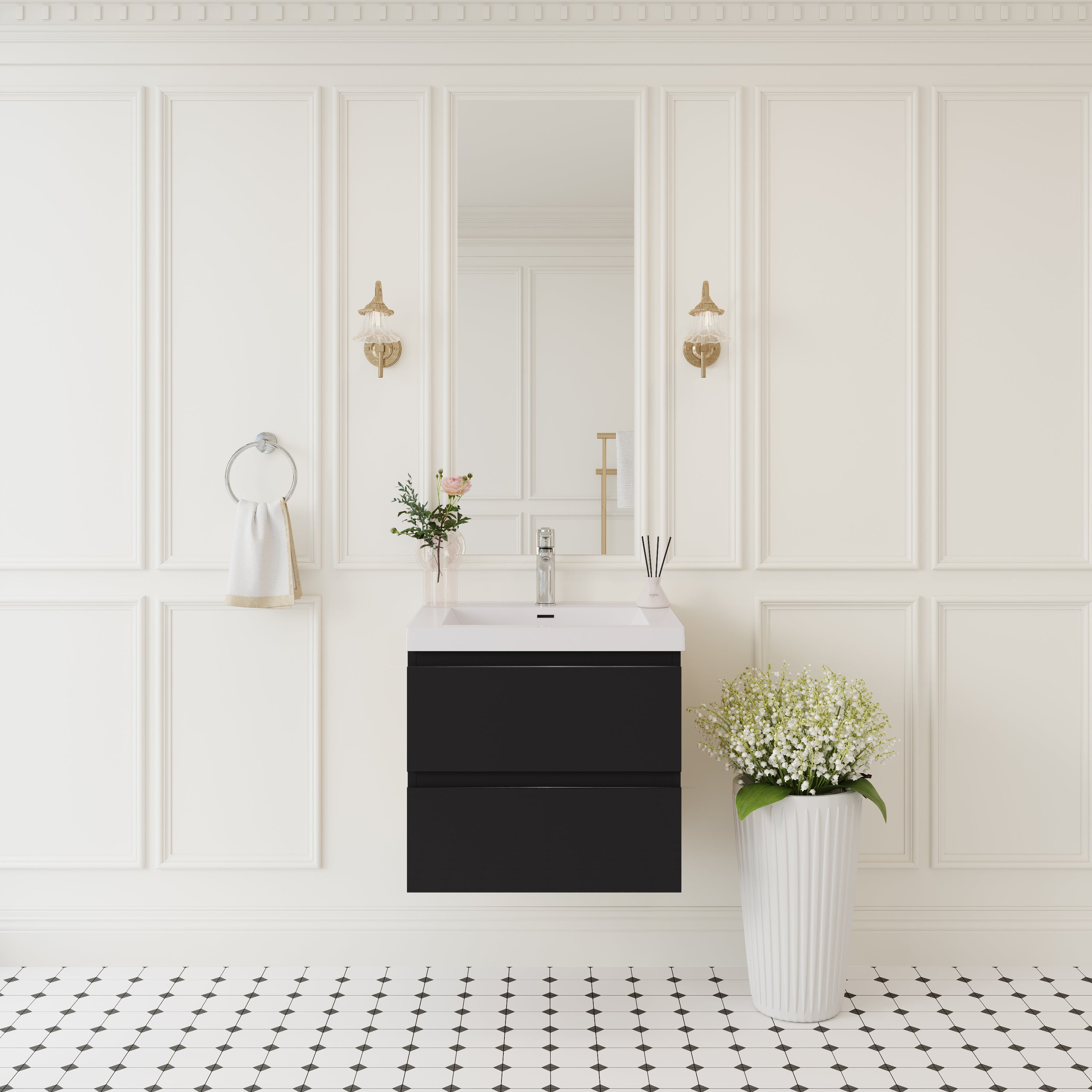 24' Floating Bathroom Vanity with Sink, Modern Wall-Mounted Bathroom Storage Vanity Cabinet with Solid Surface Top Basin and Soft Close Drawers, Glossy Black 24V11-24GB