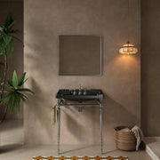 VICI 28' Bathroom Console Sink, Wall-Mounted Black Ceramic Vanity Basin with 3 Pre-drilled Faucet Holes, Freestanding Stainless Steel Support Legs with Towel Bar, No Faucet, Chrome Color