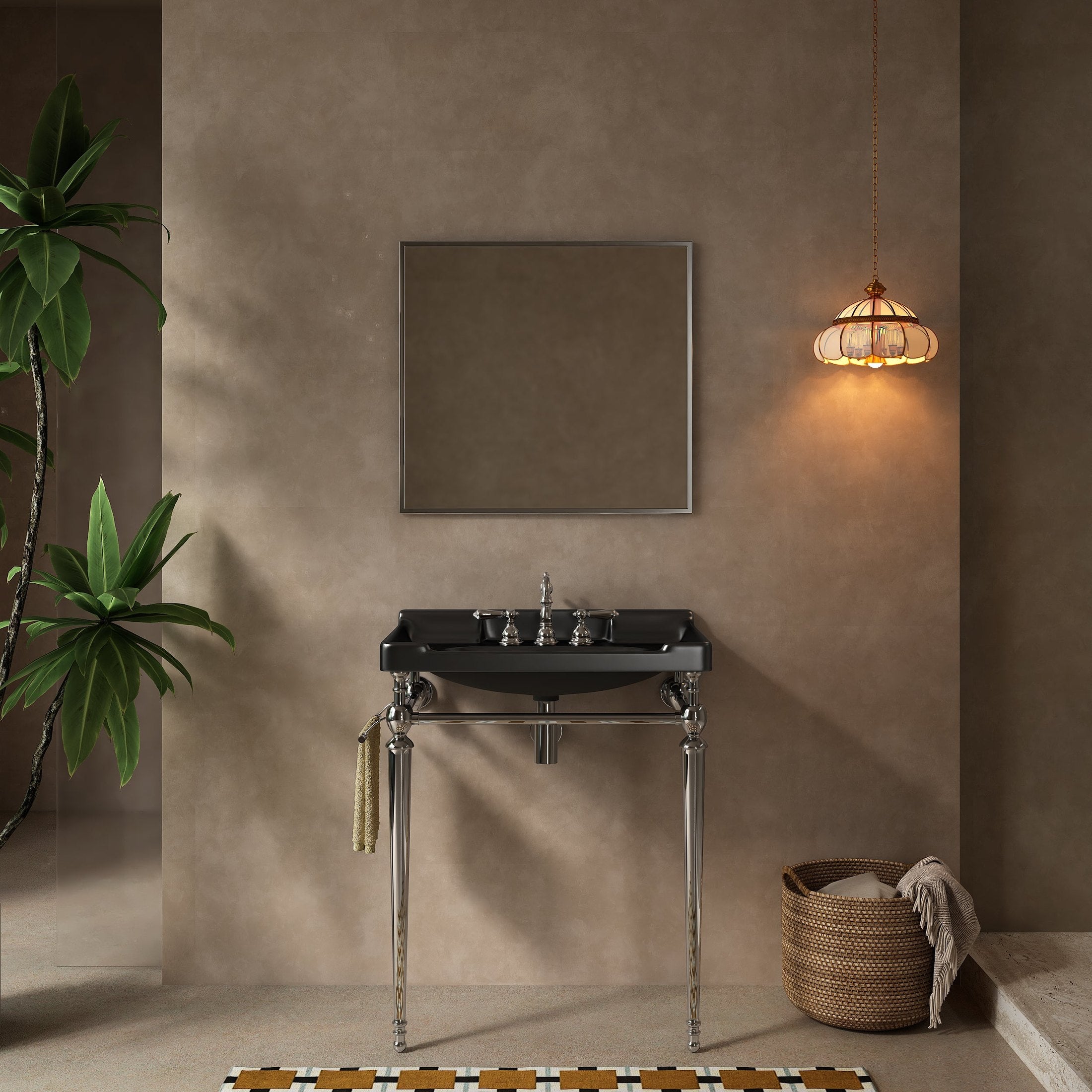 VICI 28' Bathroom Console Sink, Wall-Mounted Black Ceramic Vanity Basin with 3 Pre-drilled Faucet Holes, Freestanding Stainless Steel Support Legs with Towel Bar, No Faucet, Chrome Color