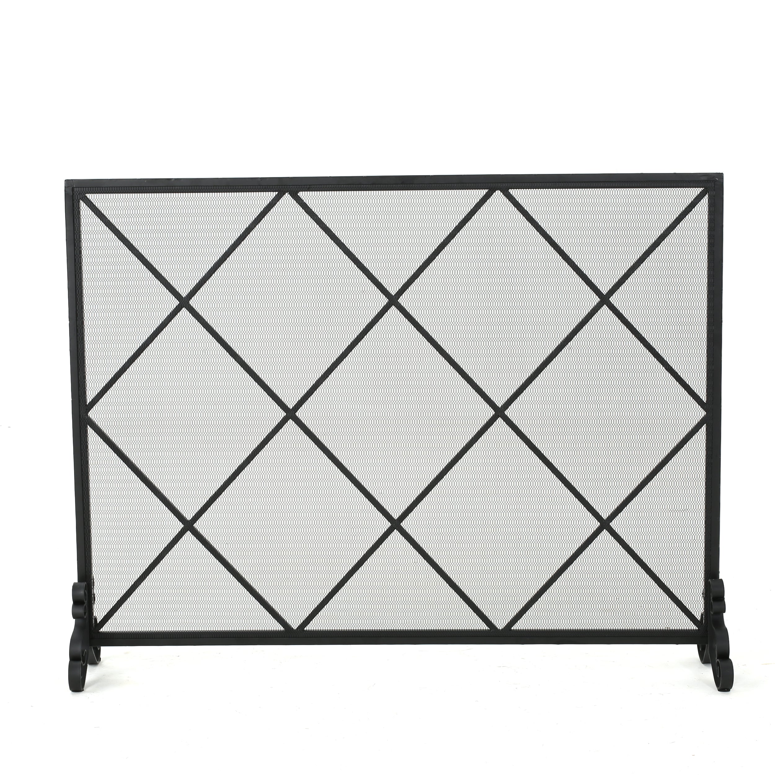 Minimalist Single Panel Iron Fireplace Screen with Diamond Design in Black