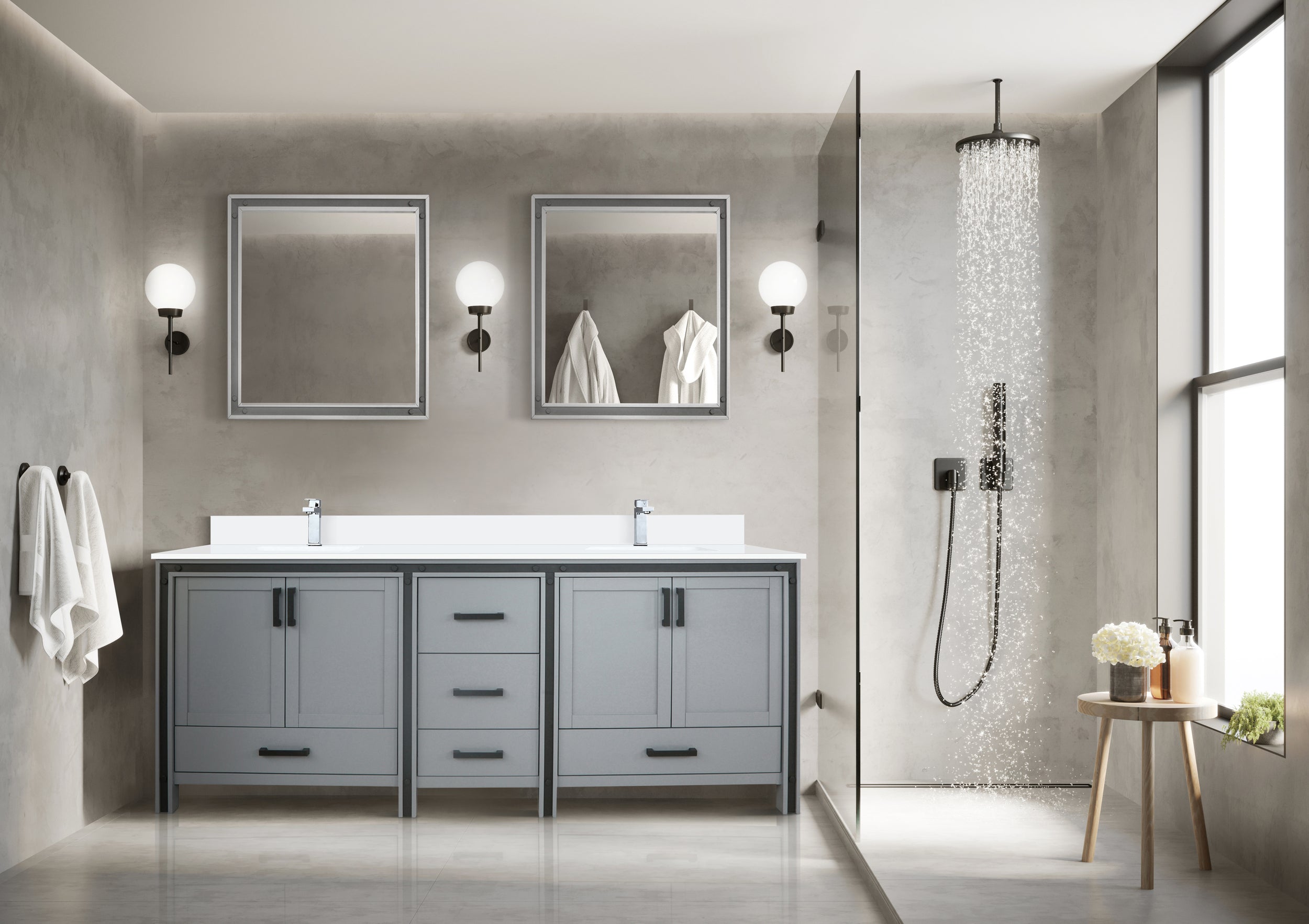 Dark Grey Double Bath Vanity 80 in. W x 22 in. D, White Quartz Top and Faucet Set