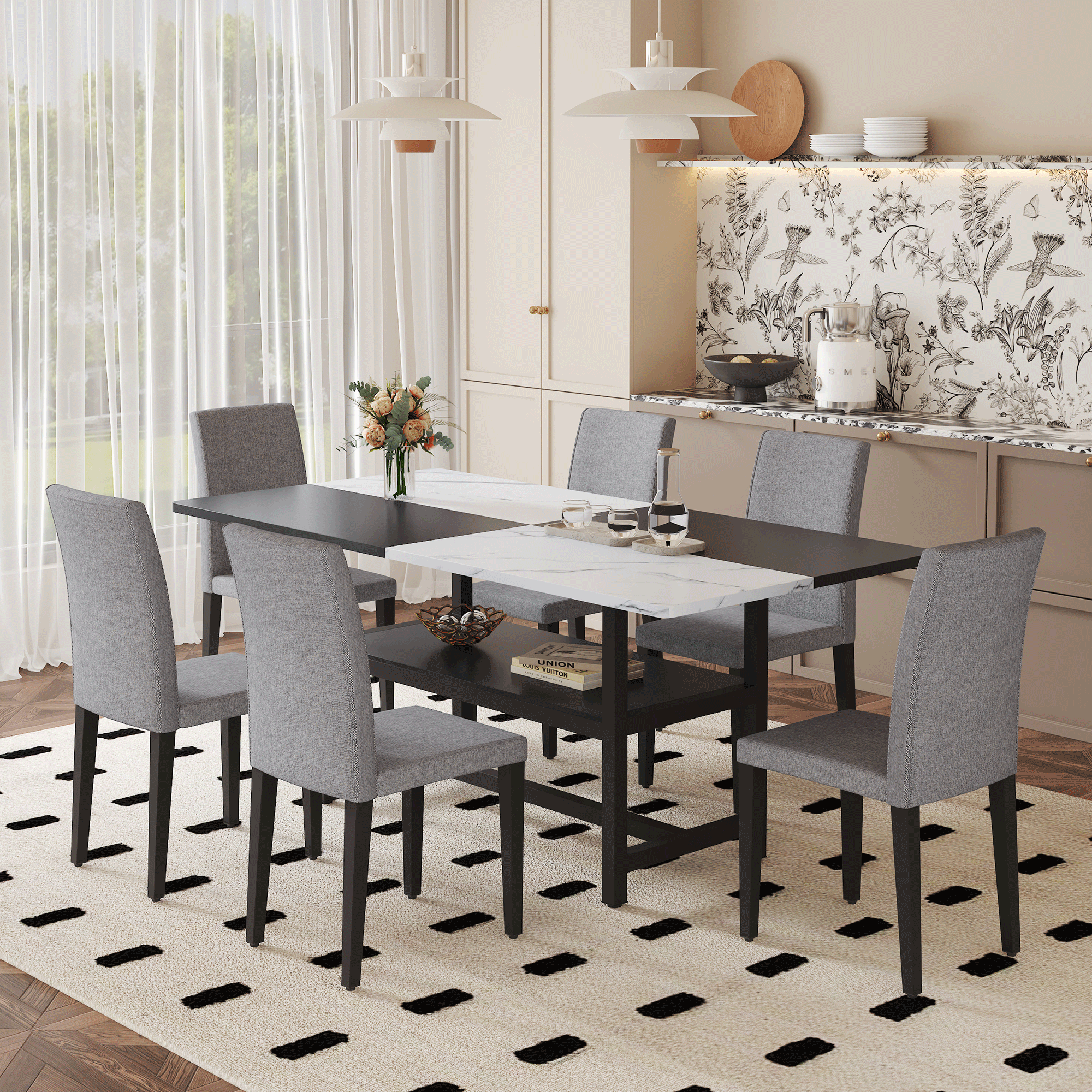 Table and chair set.71*35.4 inch White And Black Spliced Dining Table With Storage Function In The Middle Of The Table Legs.Paired With 6 Light Gray Linen-Cotton Dining Chairs, Simple And Versatile.