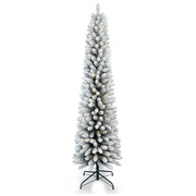 5FT Flocked Pencil Christmas Tree with 100 Warm White LED Lights – Slim Snowy PVC Tree with 263 Tips, Metal Stand, Space-Saving Design, Easy to Set Up