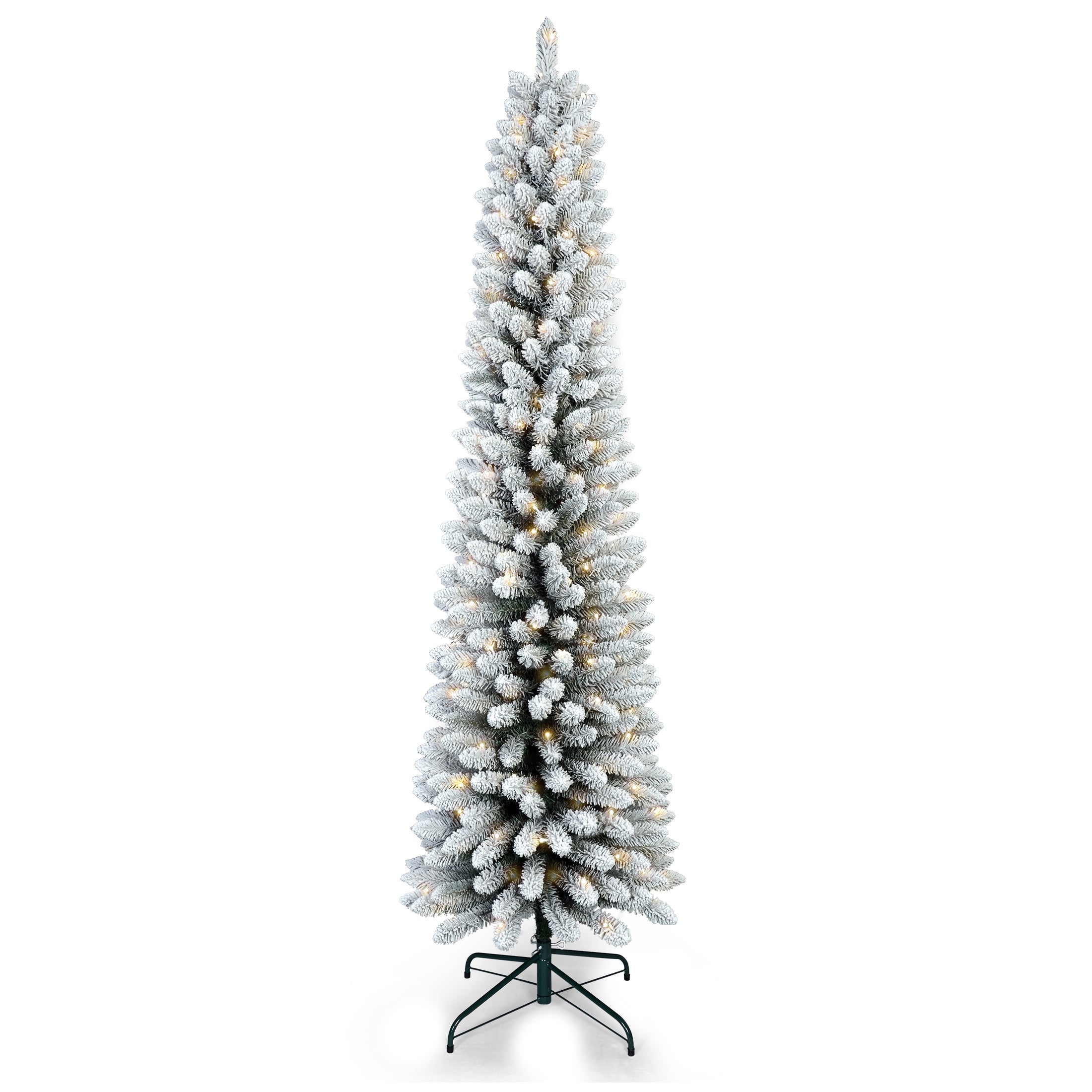 6FT Flocked Pencil Christmas Tree with 150 Warm White LED Lights – Slim Snowy PVC Tree with 358 Tips, Metal Stand, Space-Saving Design, Easy to Set Up