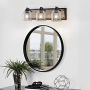 23' Farmhouse Vanity Light Fixture, 3-Light Bathroom Wall Sconce with Clear Seeded Glass Shades, Black and Wood Grain Finish, Modern Industrial Design for Bathroom or Powder Room (No Bulbs)