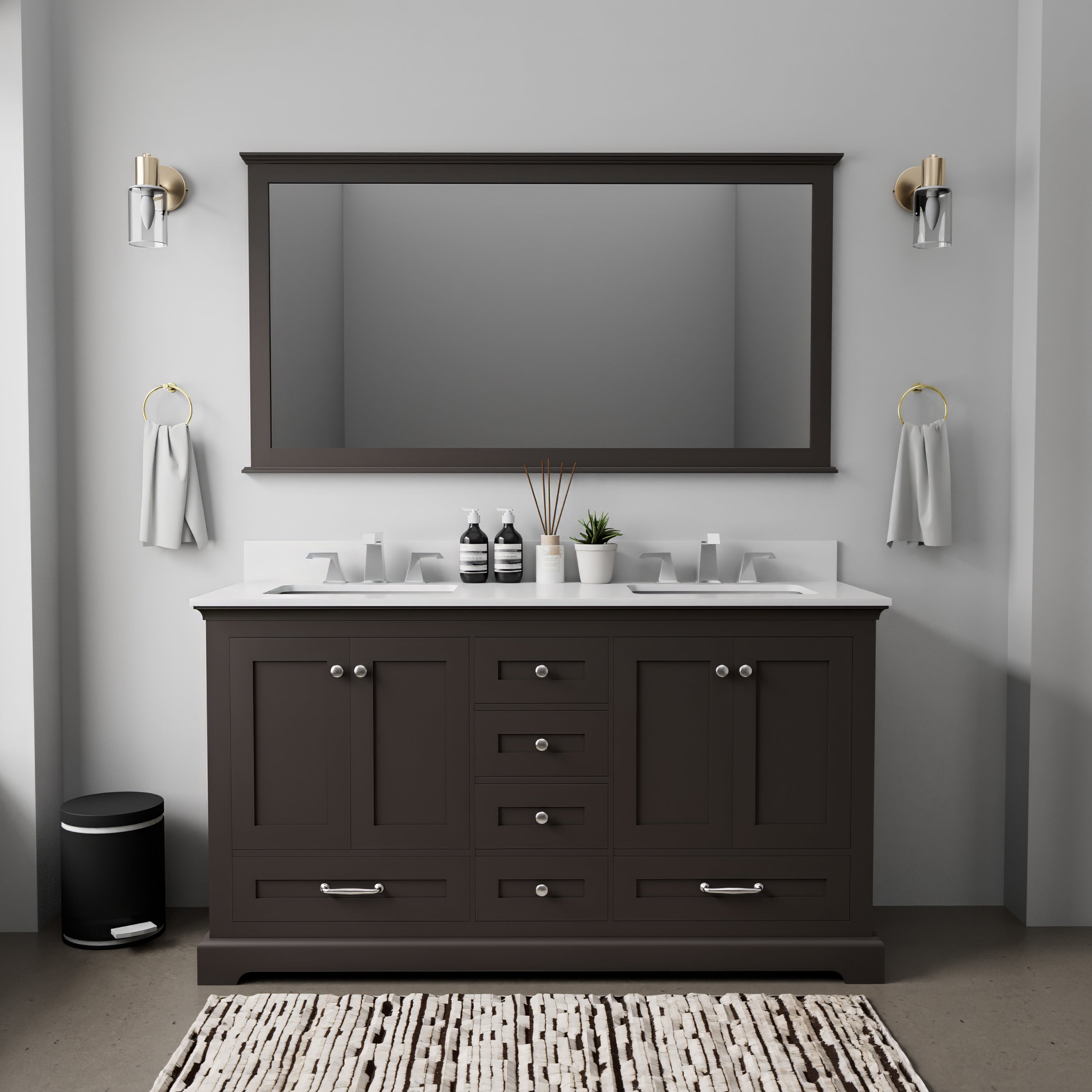 Espresso Double Bath Vanity 60 in. W x 22 in. D, Cultured Marble Top, and Faucet Set
