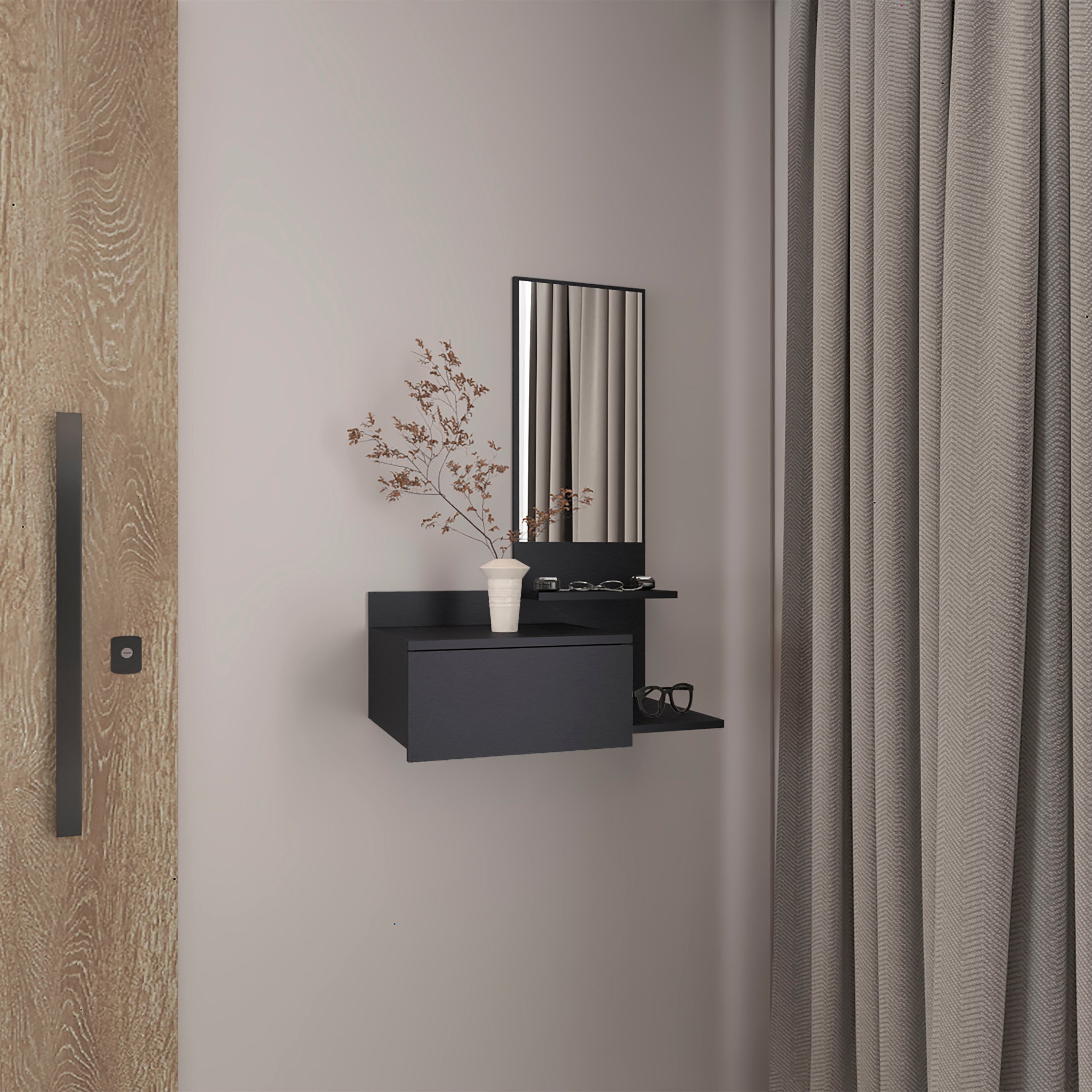 Vienna 23.6' Wide 3-Tier Shelf  Floating  Mirror Console Table, Full Extension Drawer Black