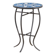 Outdoor Round Side Table with Mosaic-Style Top and Curved Iron Legs, Blue and Matte Black