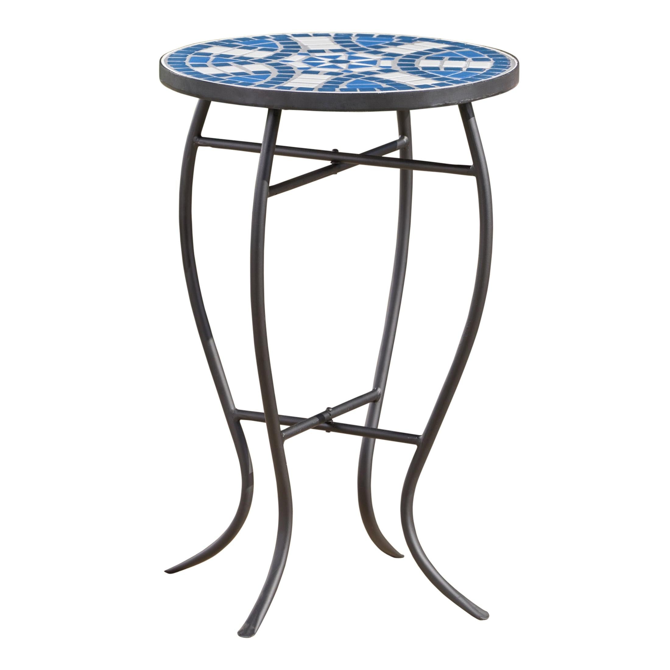 Outdoor Round Side Table with Mosaic-Style Top and Curved Iron Legs, Blue and Matte Black