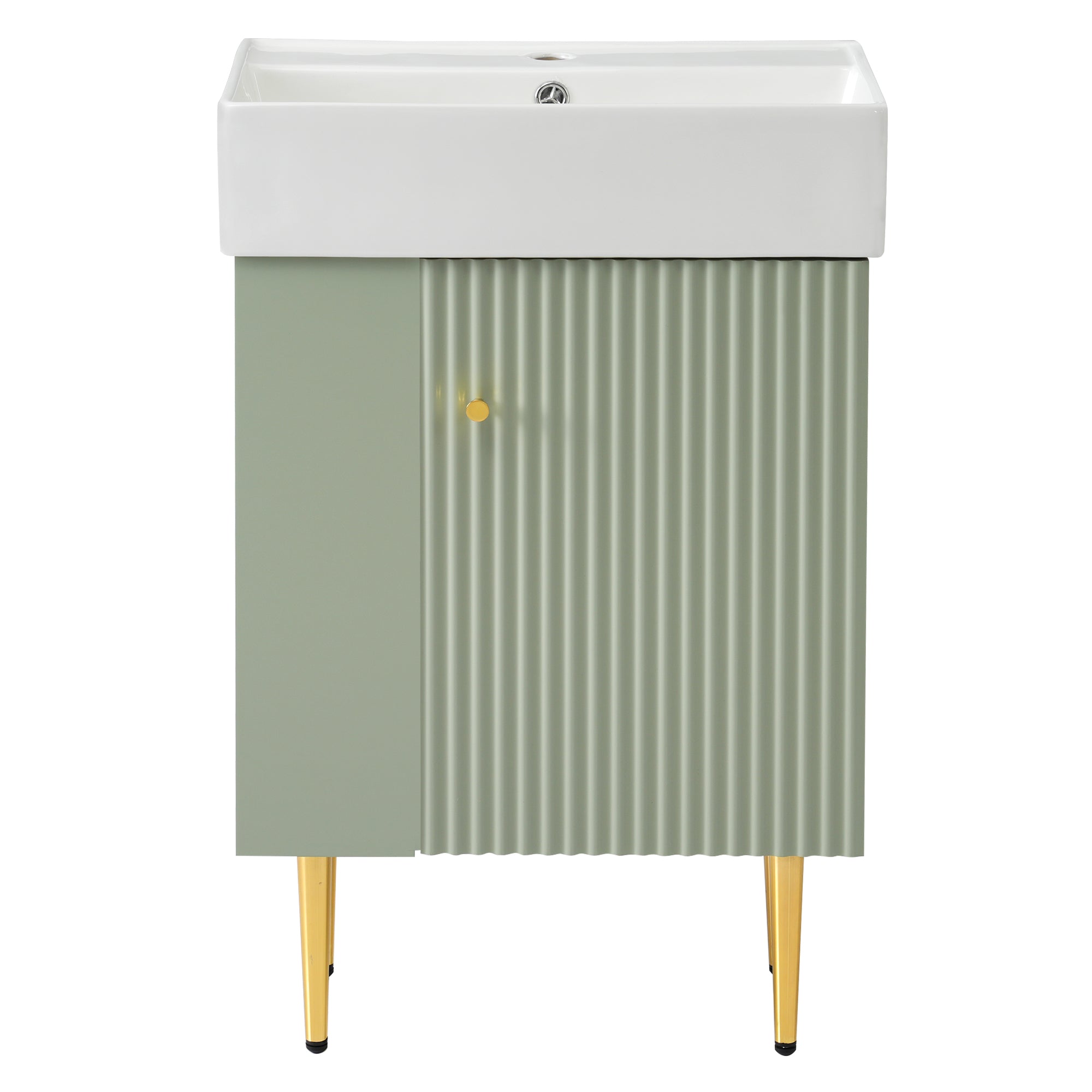 Modern Green Bathroom Vanity with Ceramic Sink, Left Side Storage, MDF Cabinet, Gold Legs, 21.6' W