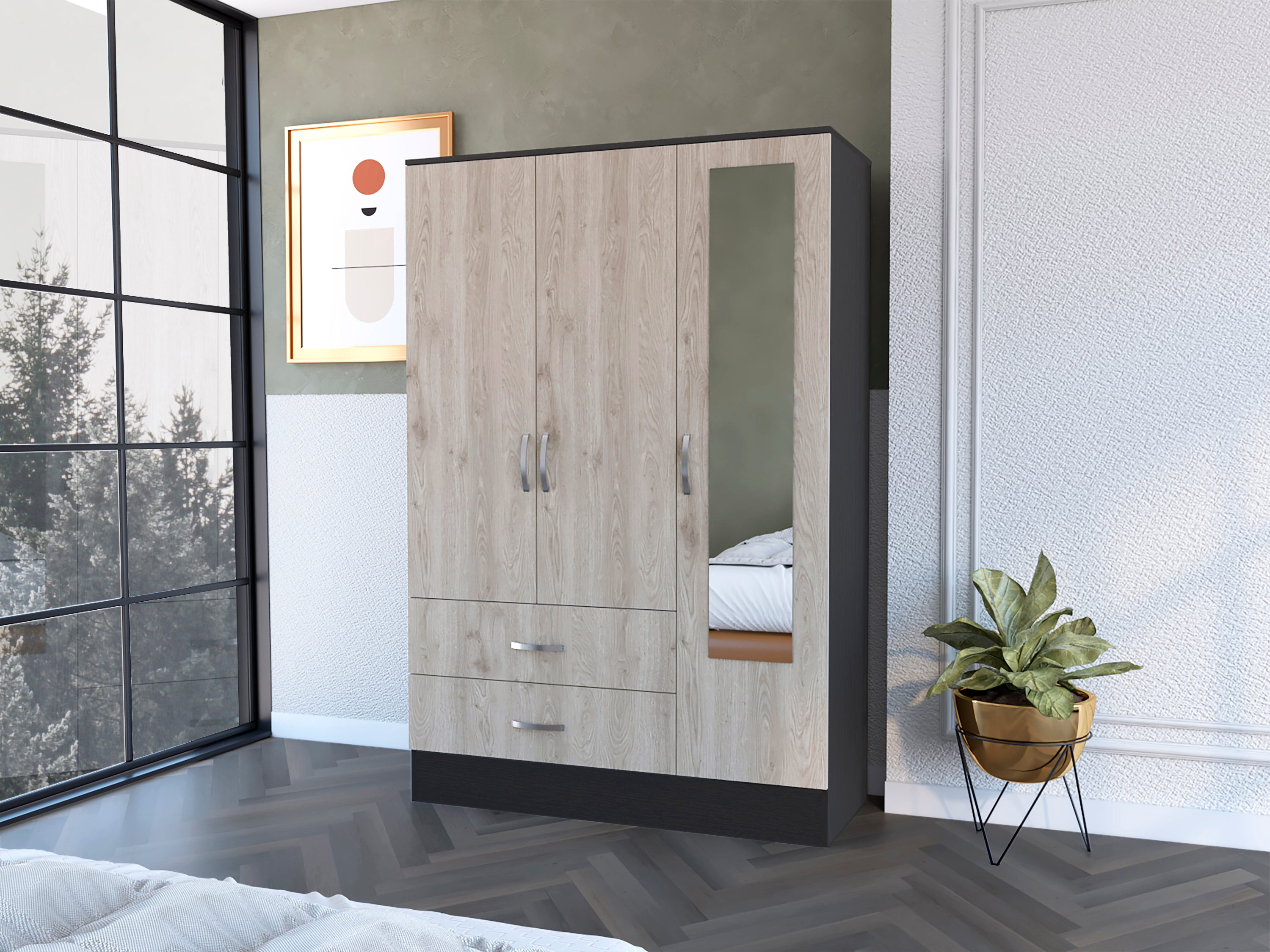 Florencia S Mirrored Armoire, Two Cabinets With Divisions, Two Drawers