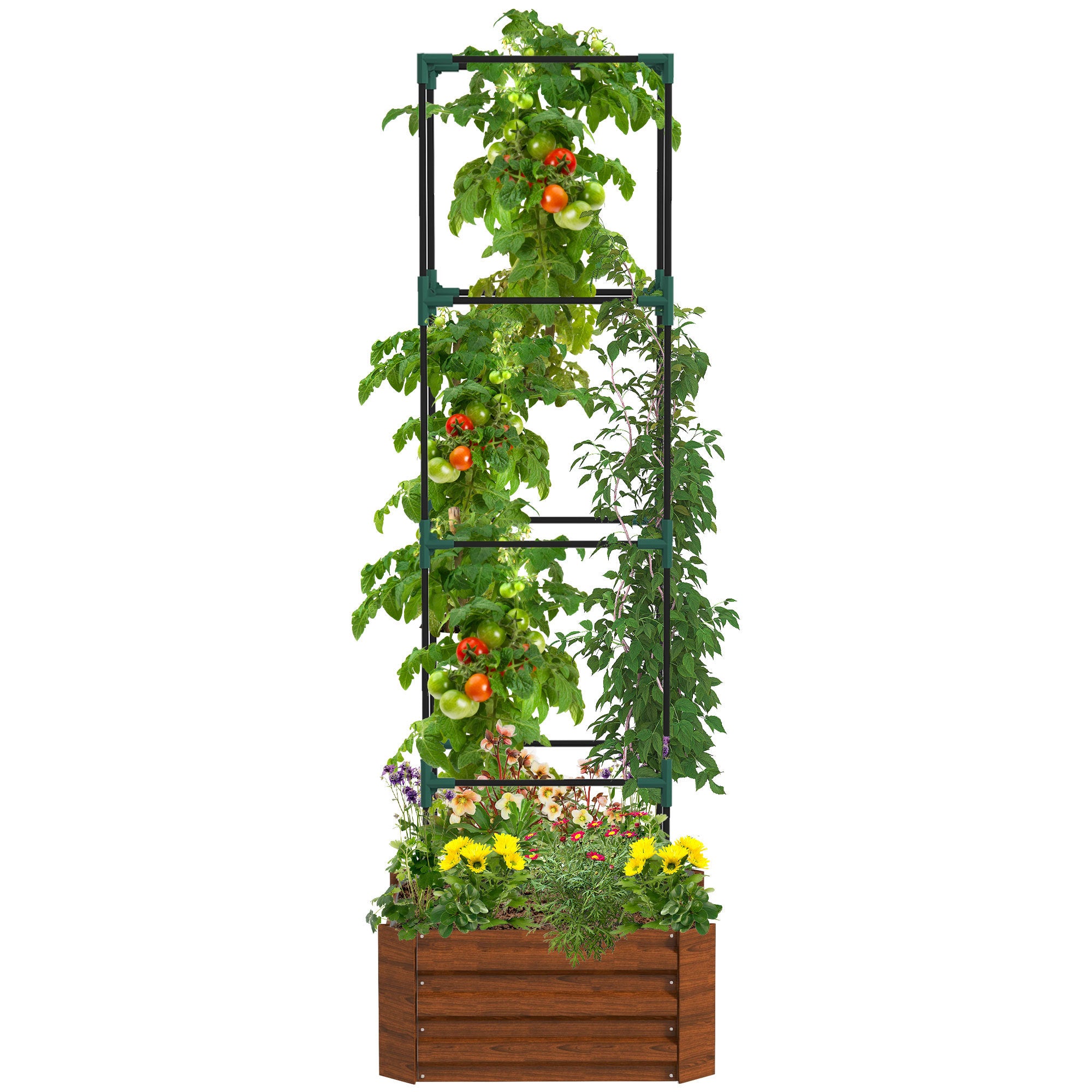 Outsunny Galvanized Raised Garden Bed, 24' x 24' x 11.75' Outdoor Planter Box with Trellis Tomato Cage and Open Bottom for Climbing Vines, Vegetables, Flowers in Backyard, Garden, Patio, Brown
