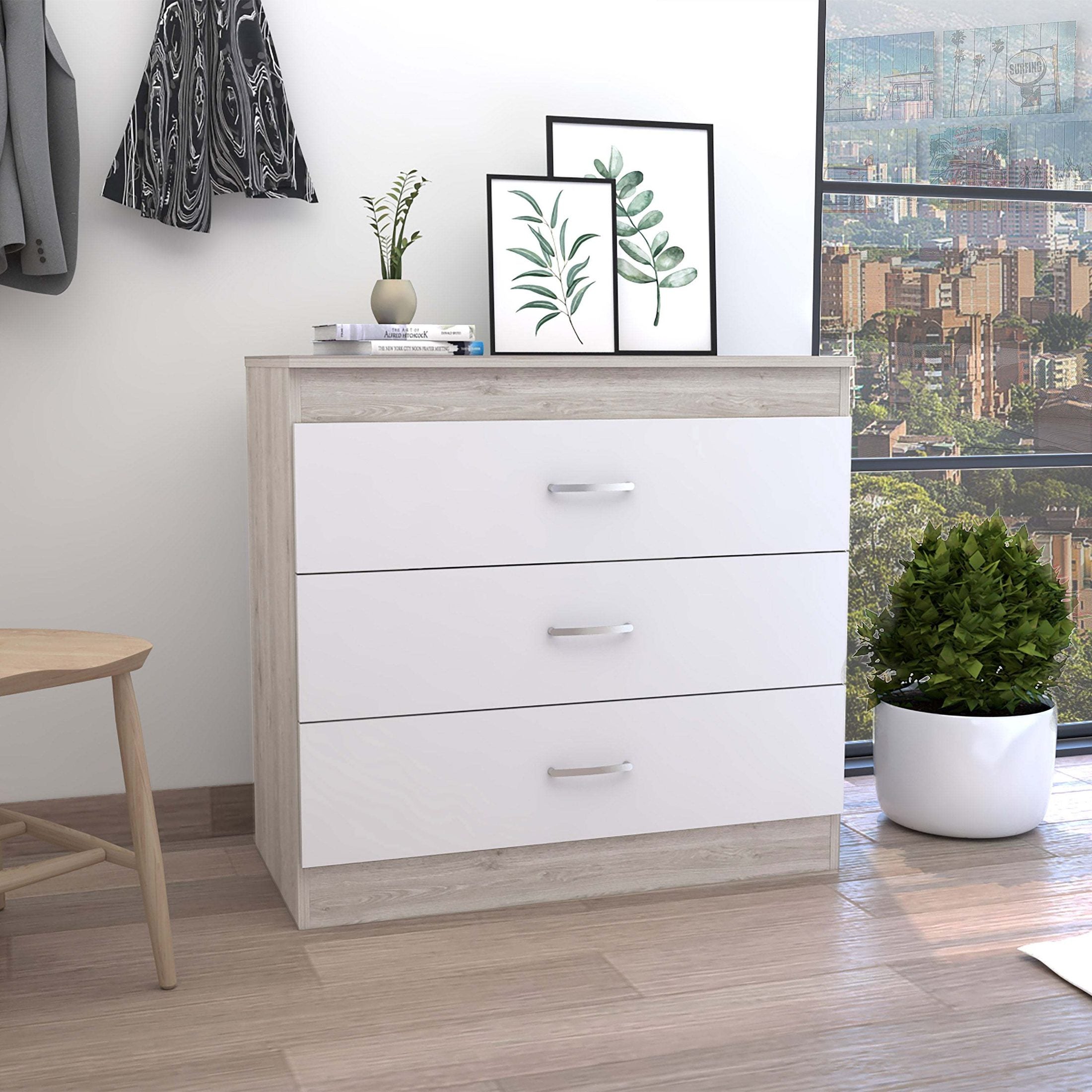 Dresser 29'H, Three Drawers, Metal Hardware, Superior Top, Light Gray / White