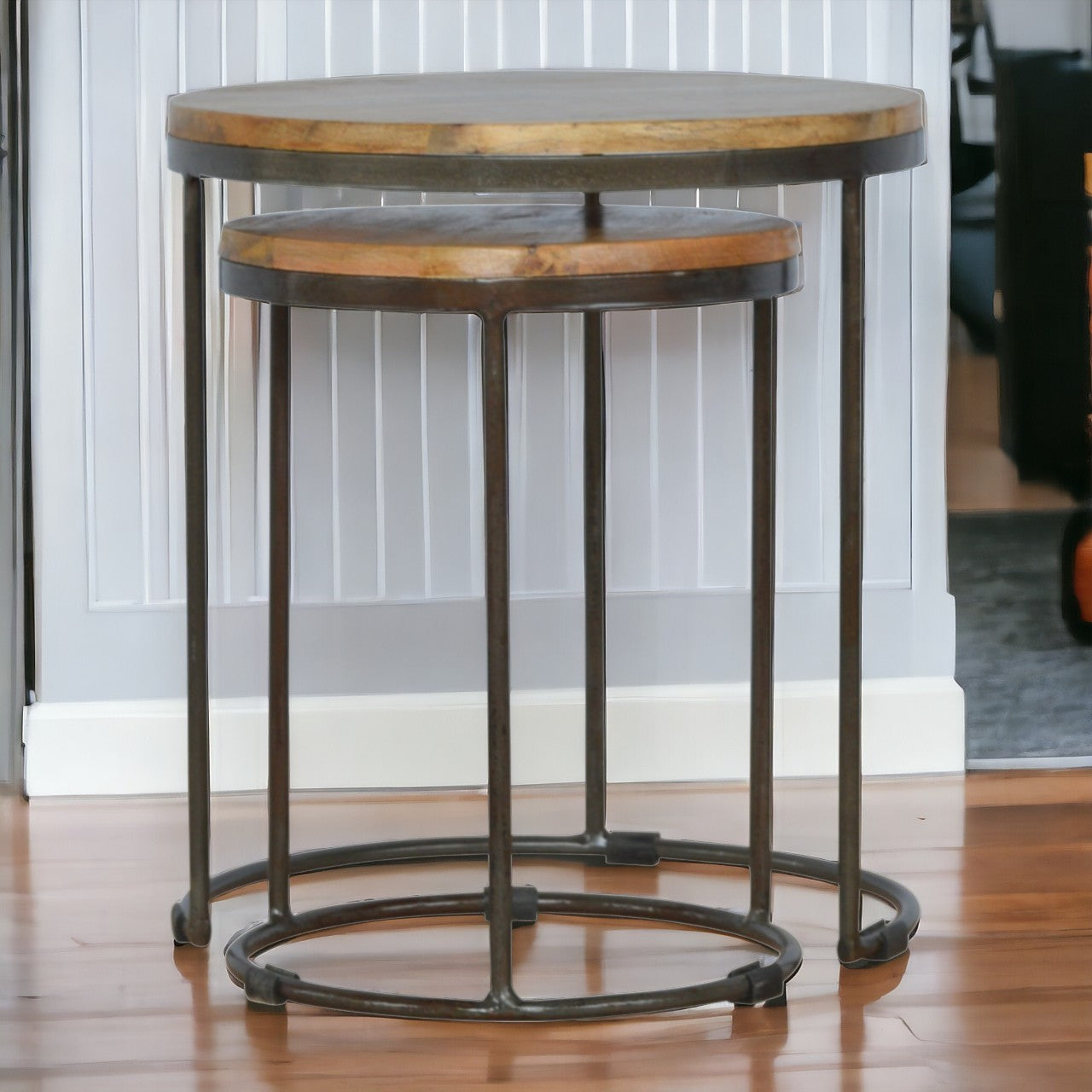 Solid Wood Round Stool with Iron Base, Set of 2, Light Brown