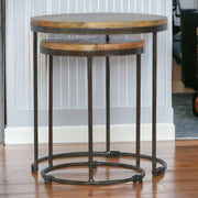 Solid Wood Round Stool with Iron Base, Set of 2, Light Brown