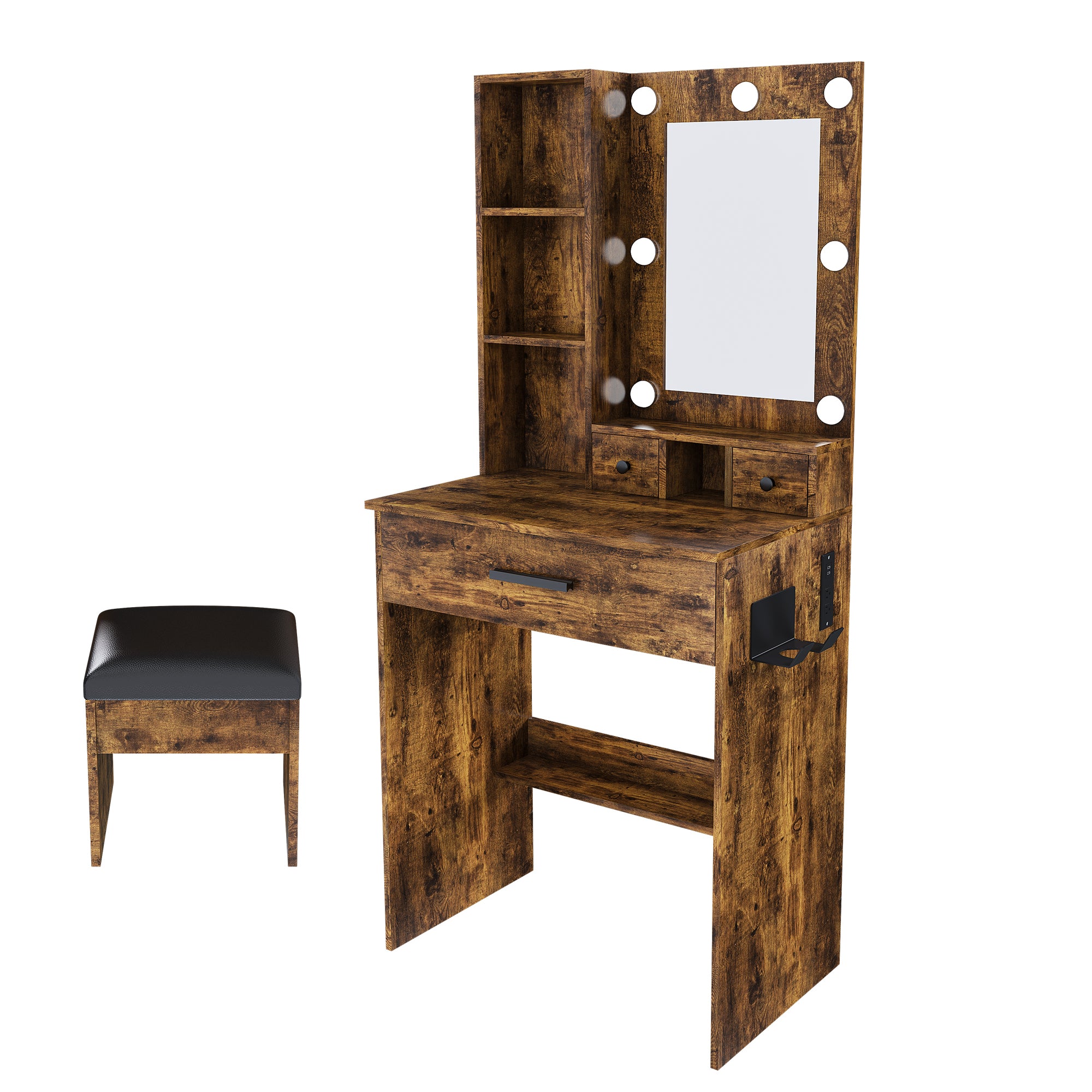 Vintage Vanity Table with Mirror, Adjustable LED Lights, Power Outlet, Hairdryer Holder & Stool – Compact Dressing Desk for Small Bedrooms