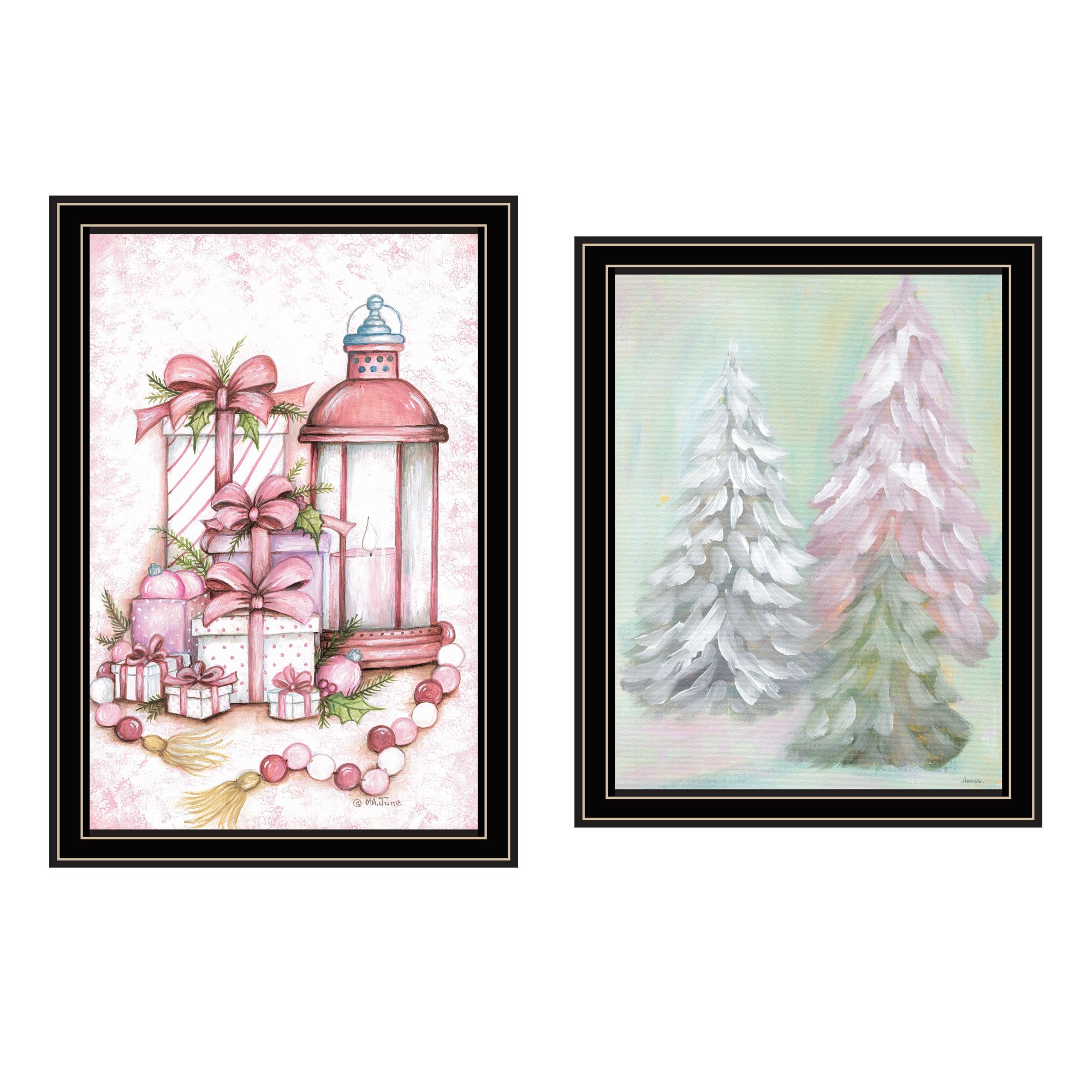 Trendy Decor 4U 2- Piece Vignette Pink Candy Land Christmas Trees Black Framed Wall Art for Living Room, Bedroom Wall Art Print for Home Decor by Mary June
