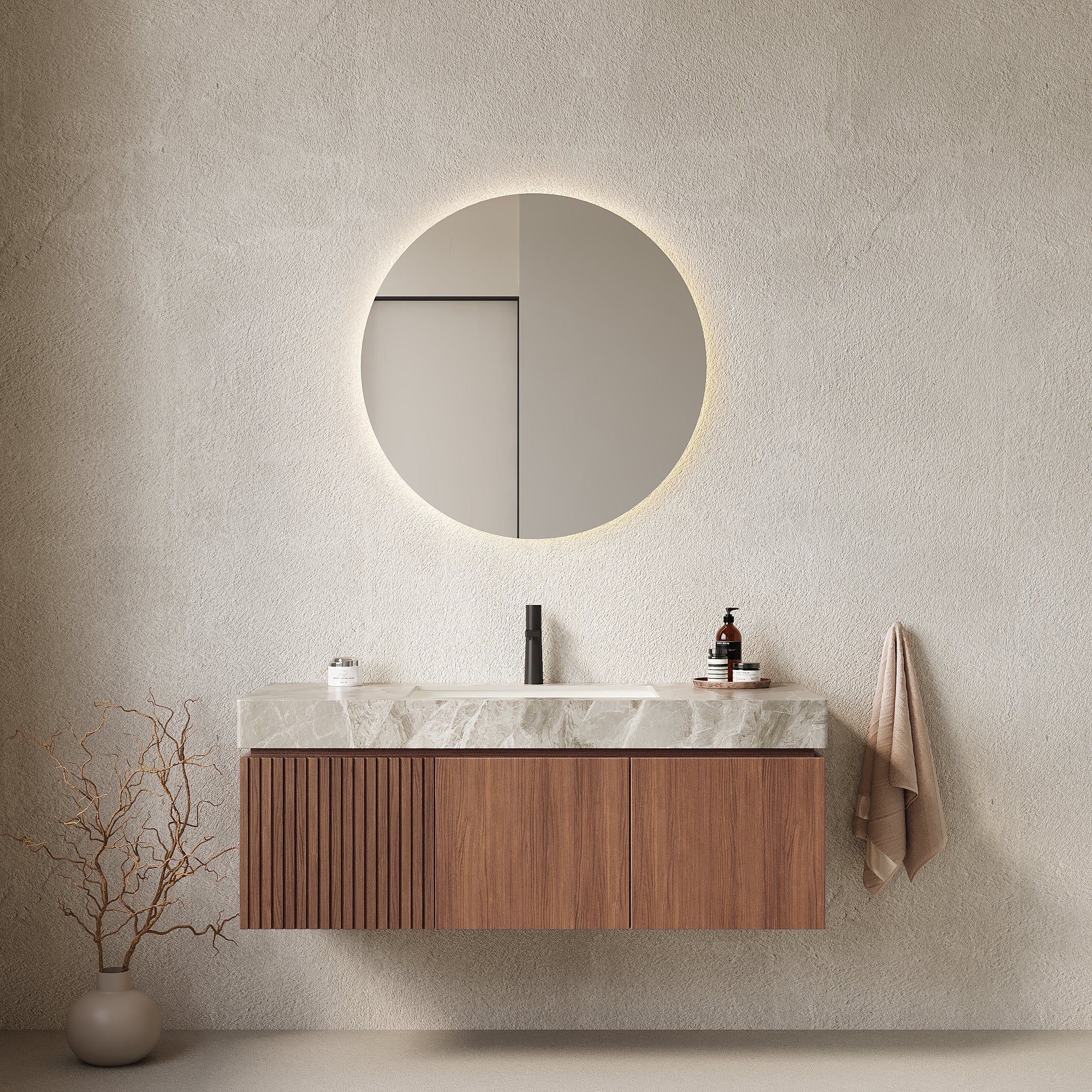 MURI 48' Bathroom Vanity with Sink, Wall-Mounted Plywood Bathroom Storage Cabinet with Drawer and Doors, Light Gray Sintered Stone Countertop & Ceramic Basin, Pre-assembled, Brown Oak Woodgrain Color