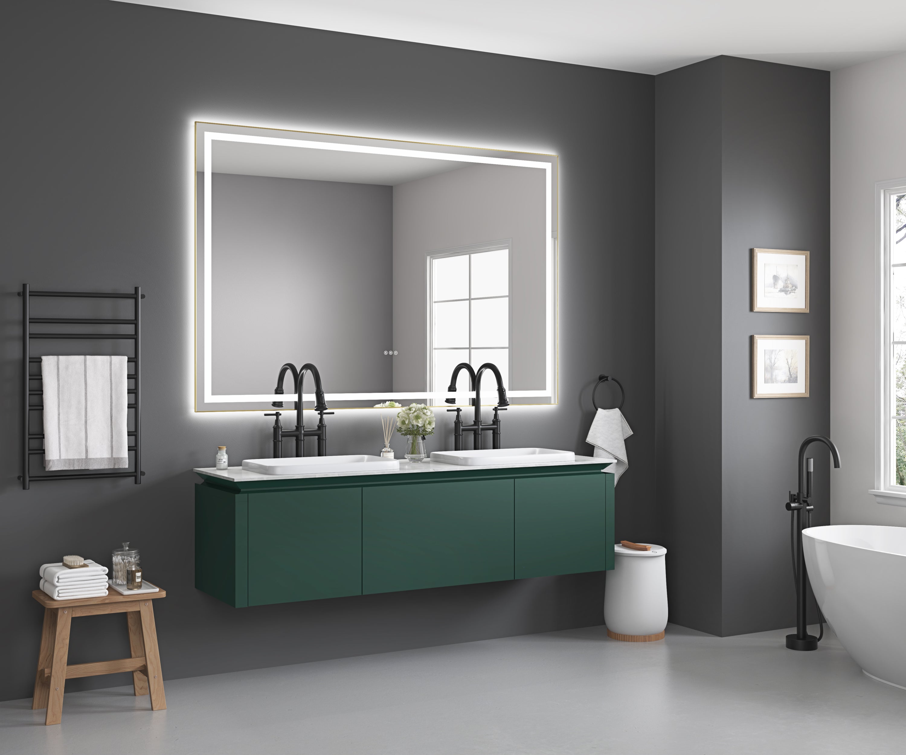 84 x 48 Inch LED Bathroom Mirror with Front and Backlight, Wall Mounted Vanity Mirror with Aluminum Frame, Anti-Fog, Memory, 3 Colors, Stepless Dimmable