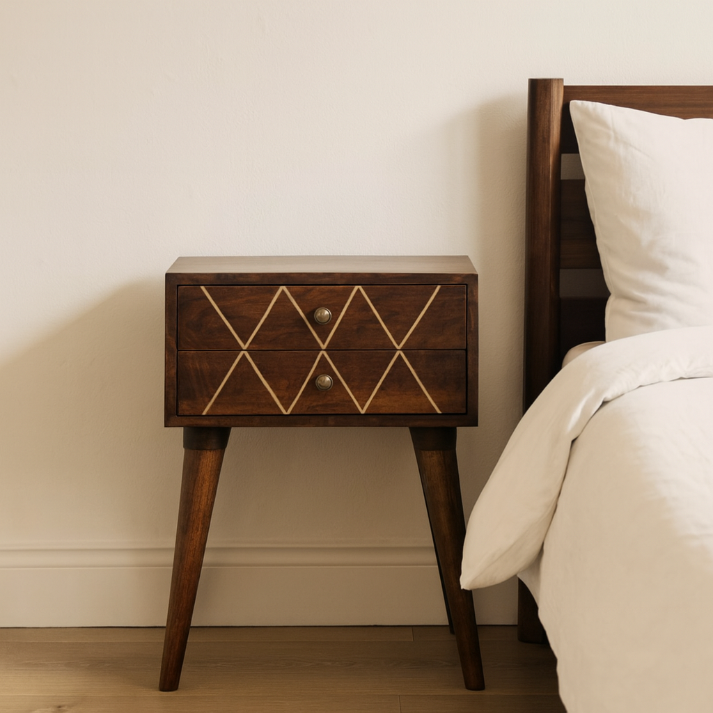 Geo Brass Inlay Bedside, 2-Drawers, Nordic Legs, Gold and Brown