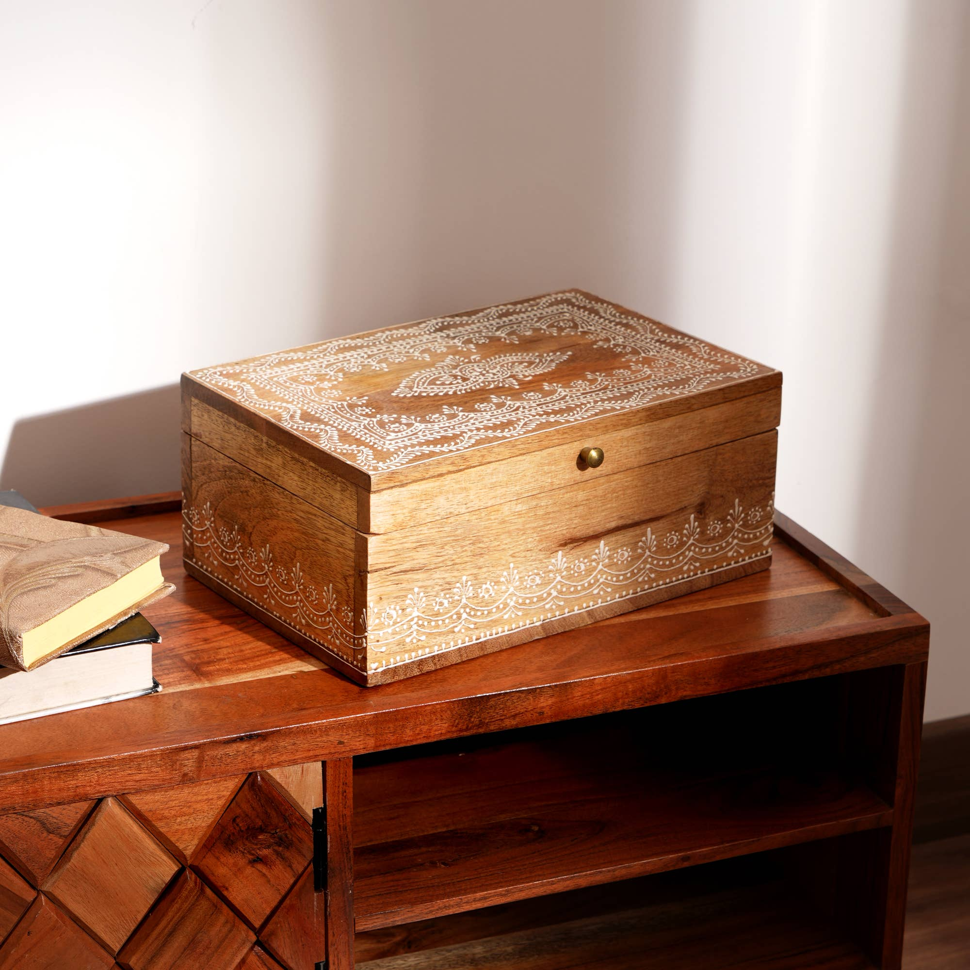 WHITE WOOD CARVED BOX LARGE