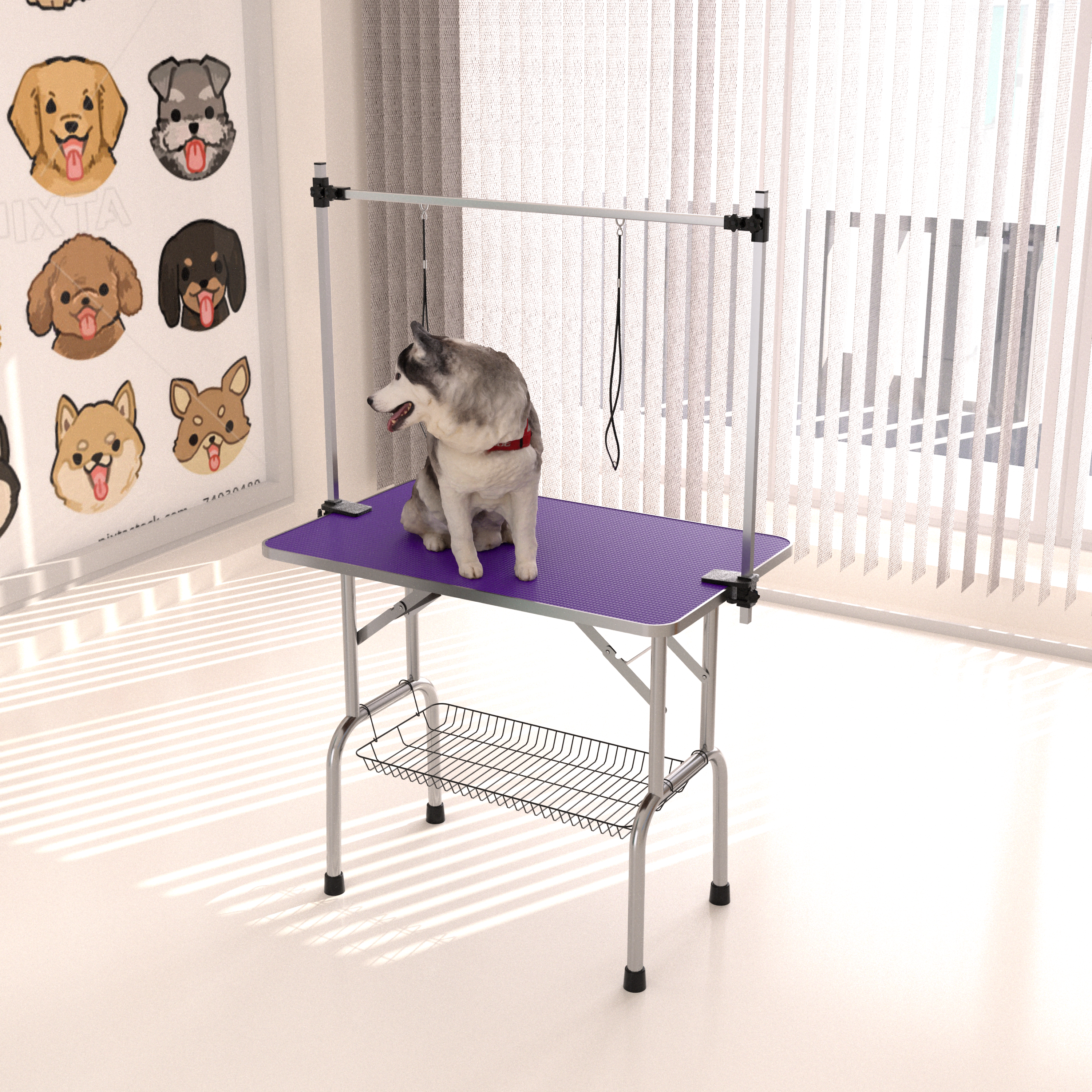 42' Folding Dog Pet Grooming Table Stainless Steel Frame Rubber Mat on Board with Adjustable Arm and Clamps pet dog Cat Grooming Table (PURPLE COLOR)