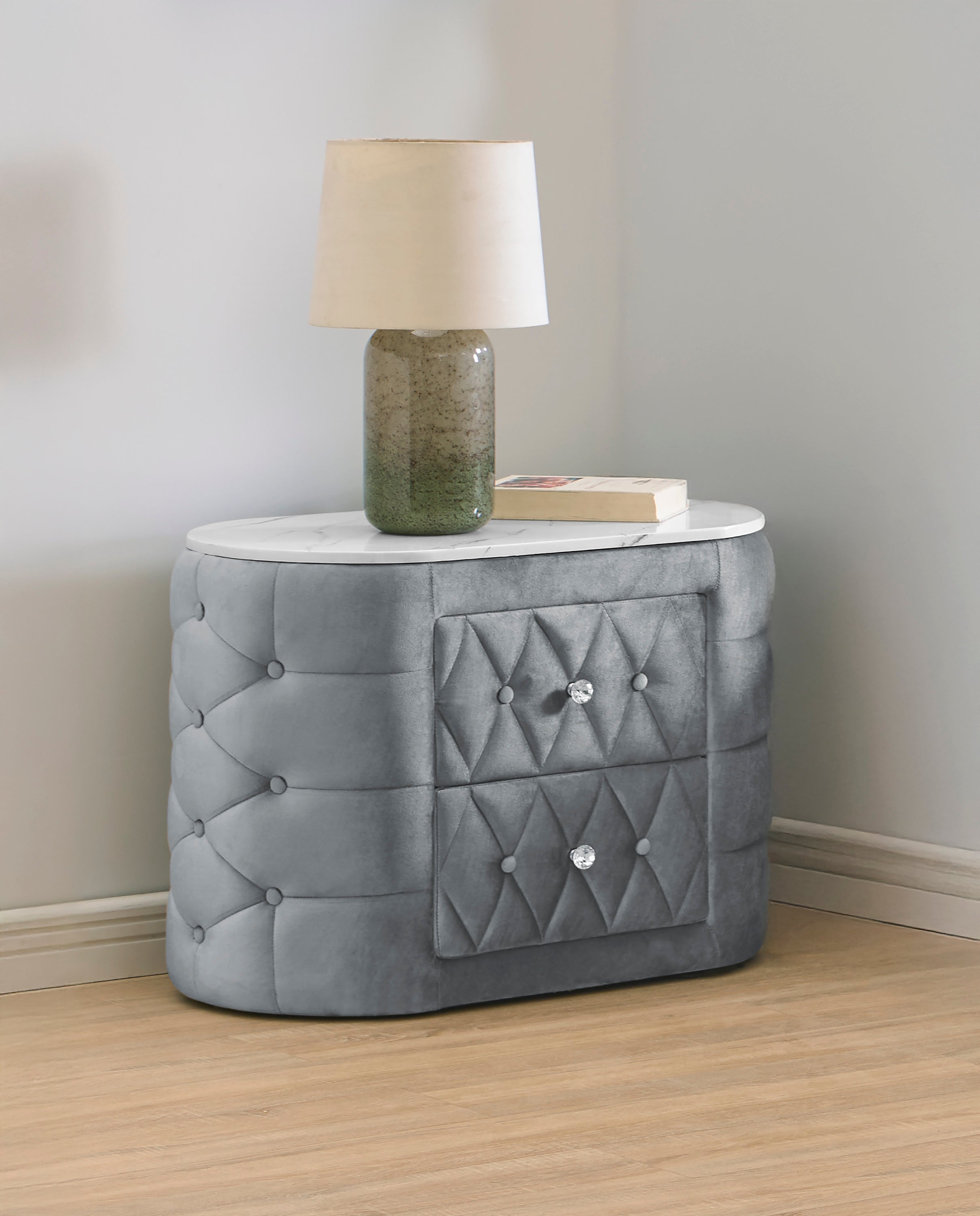 1pc Gray Nightstand Upholstery Fabric Marble Top Two Storage Drawers Wooden Bedroom Furniture Oval Grey