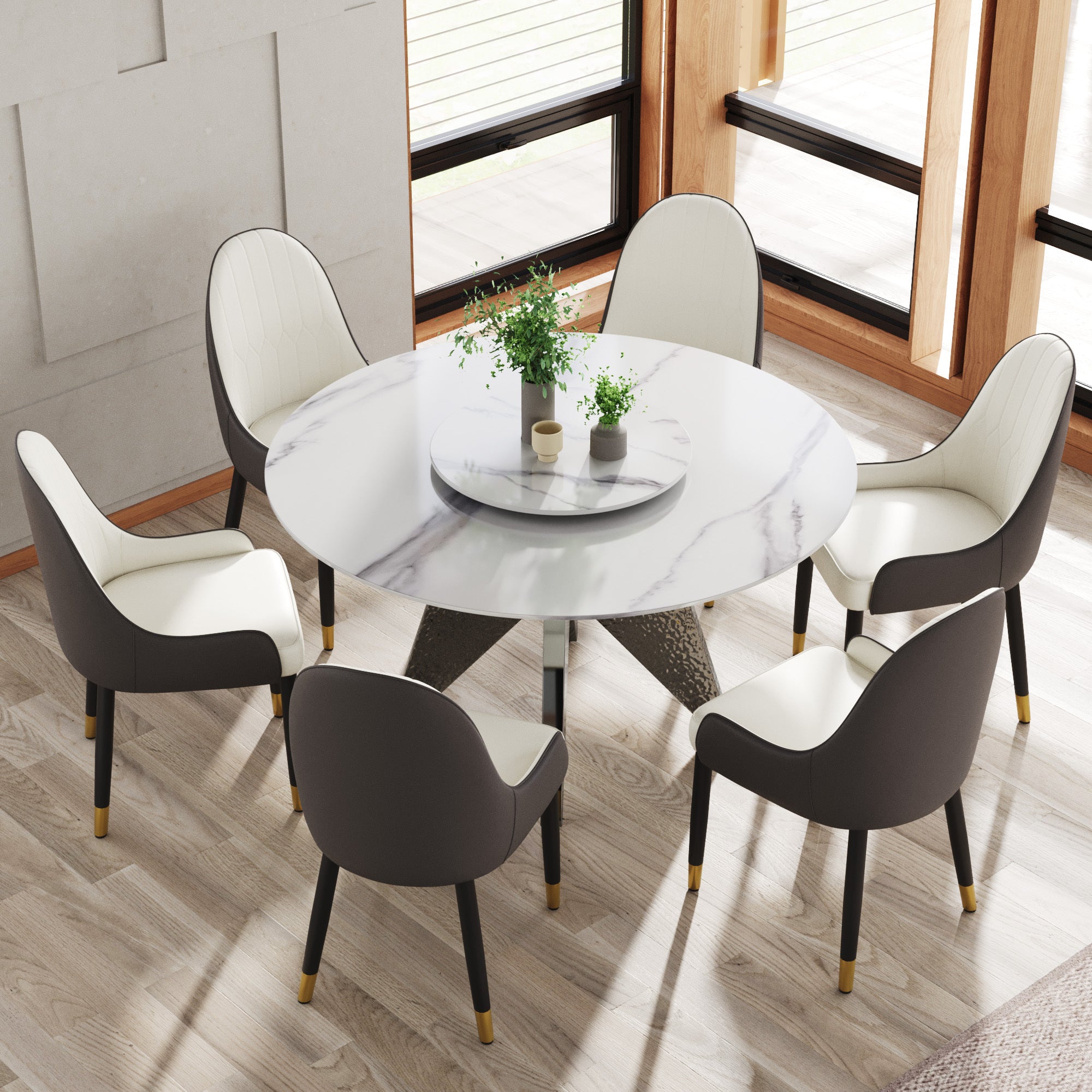 53' Round Marble Dining Table with Silver Stainless Steel Design Base, Artificial Marble for 6 People, 23.62'White Artificial Stone Turntable,White (Dining Table Only)