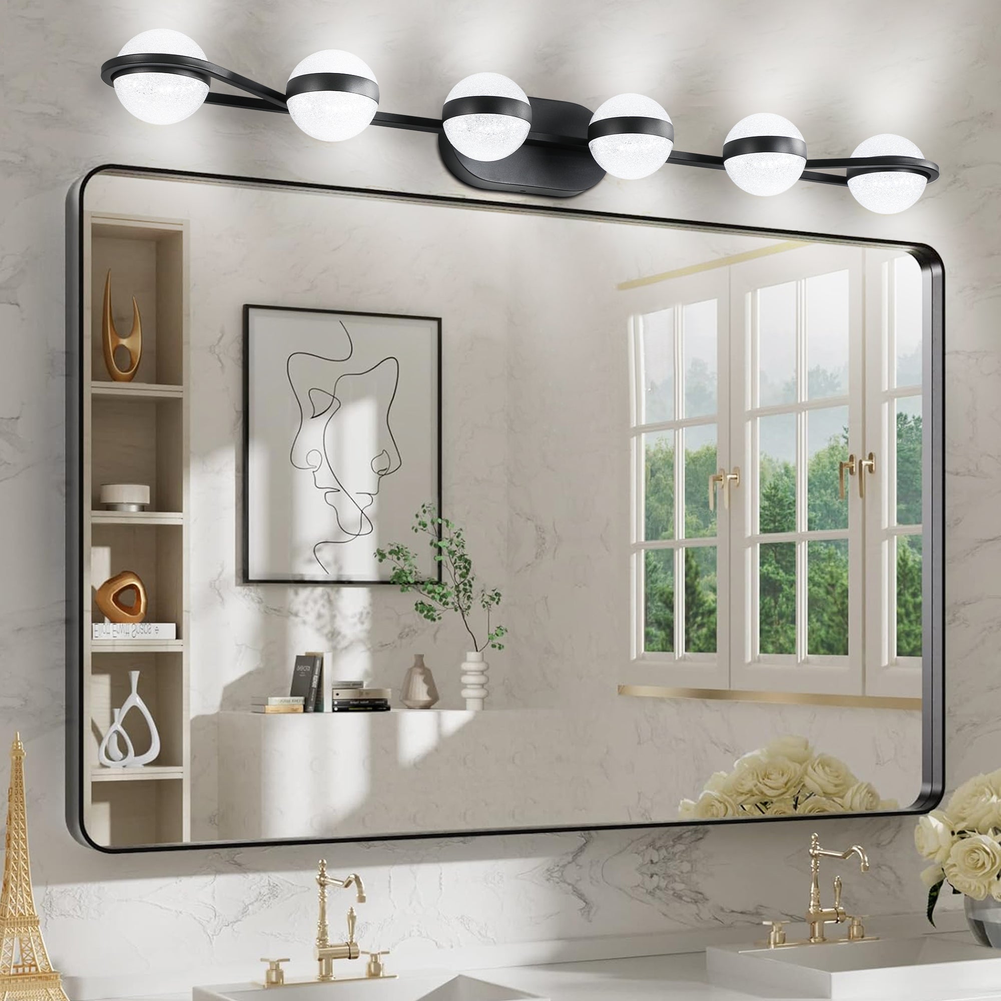 (Same as W1340P143680/LL2001-B-6) 43' Black Minimalist LED Bathroom Vanity Light with Crystal Sand Acrylic Shades,6-Light Wall Mounted Decorative Lighting Fixture, Suitable for Bathroom Vanity Mirror